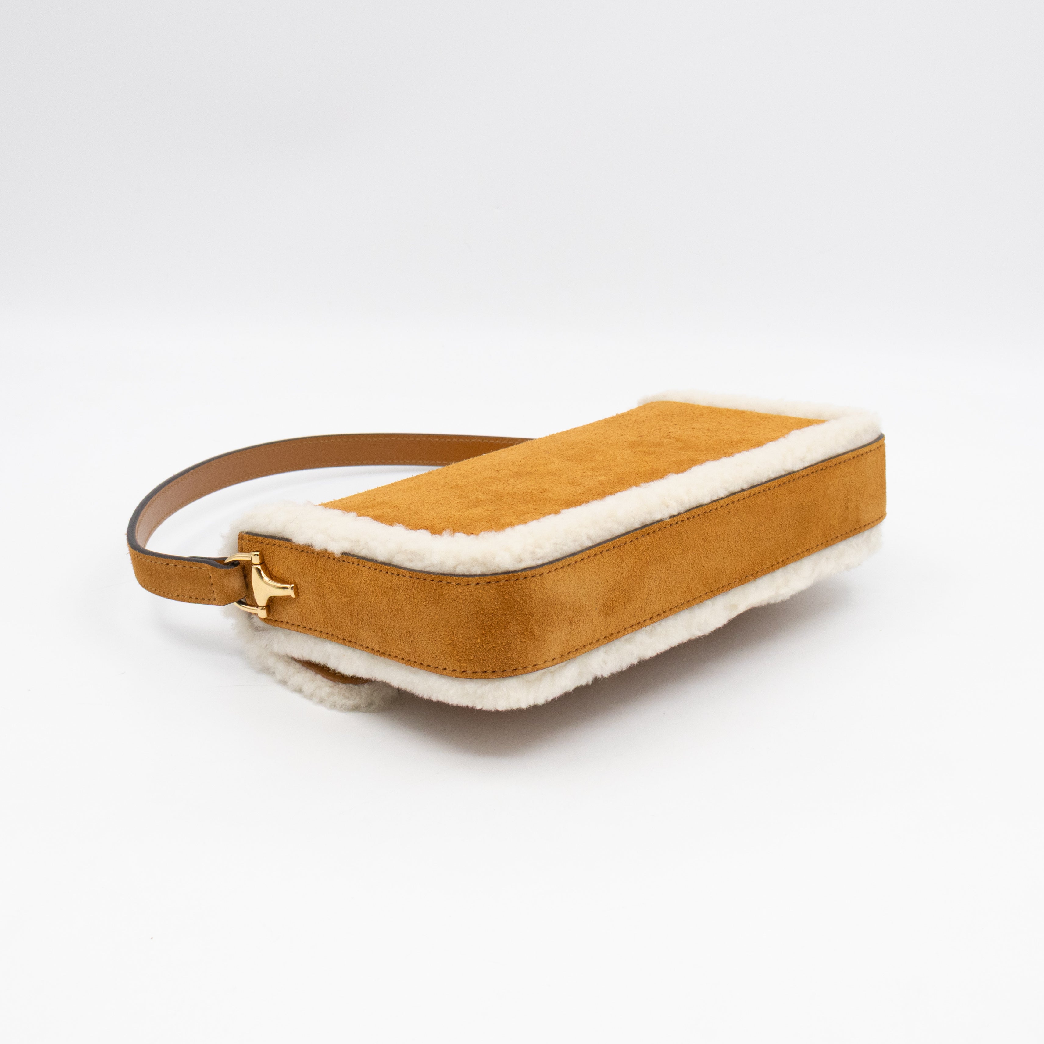 Horsebit 1955 Mini Shoulder Bag Camel Suede Leather Shearling