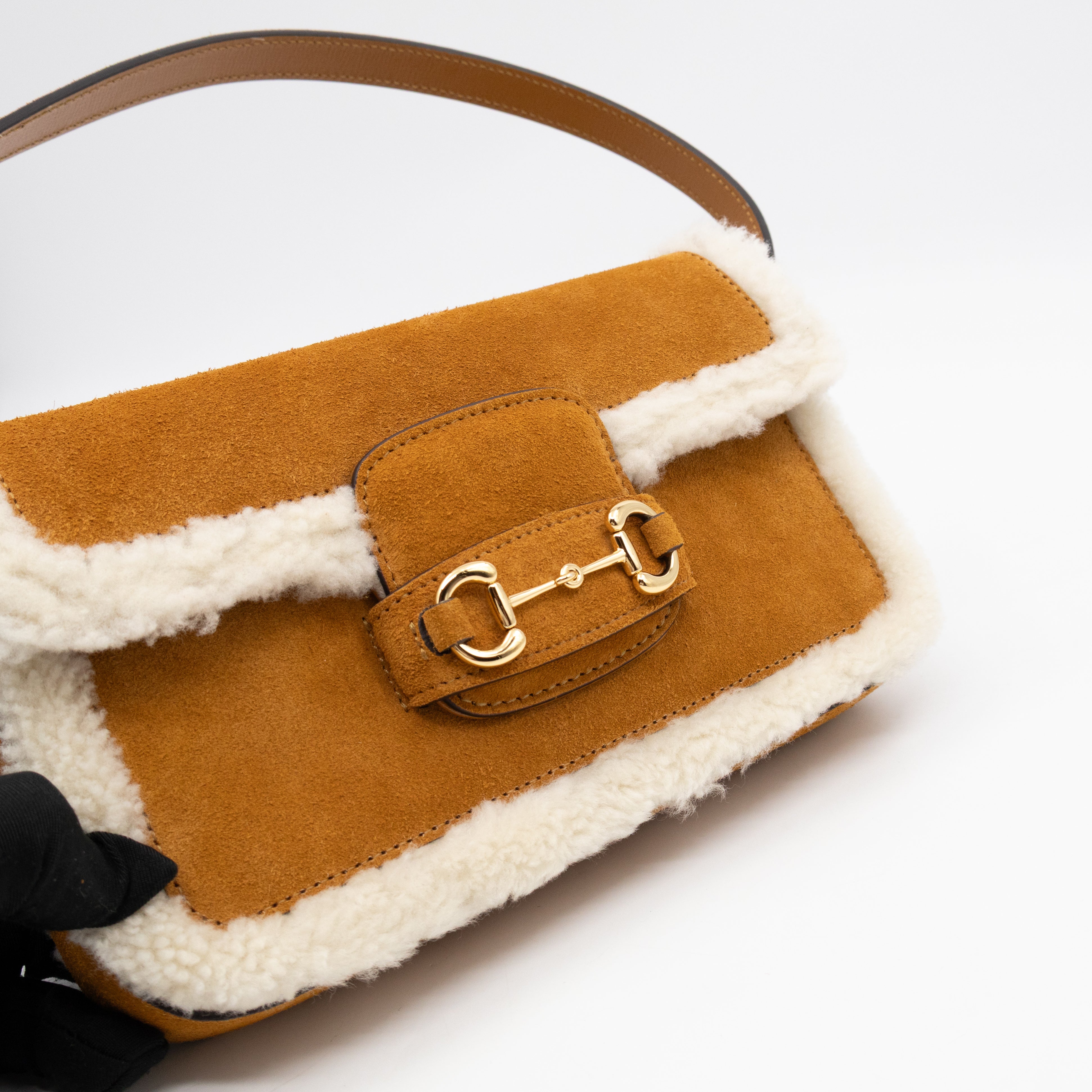 Horsebit 1955 Mini Shoulder Bag Camel Suede Leather Shearling