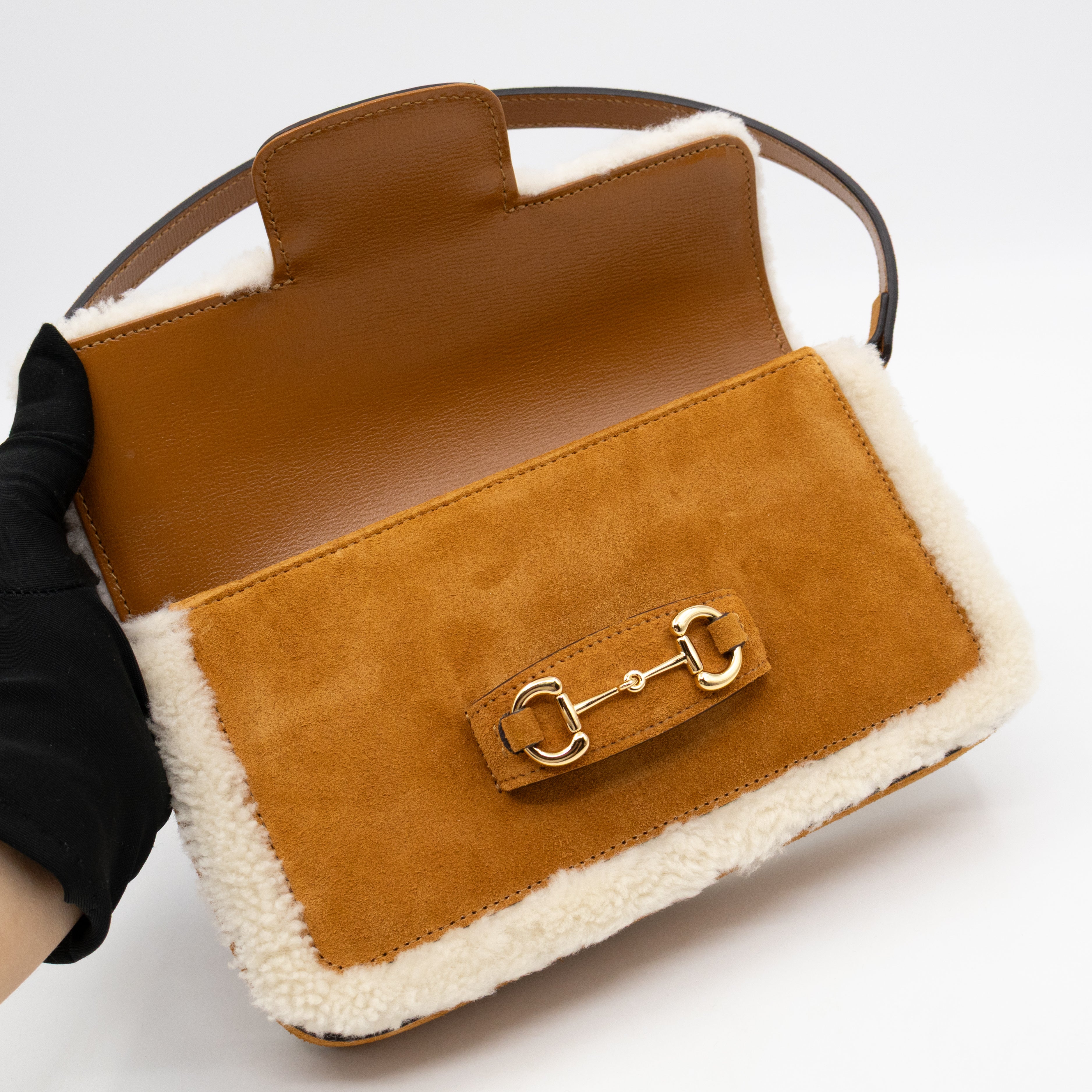 Horsebit 1955 Mini Shoulder Bag Camel Suede Leather Shearling