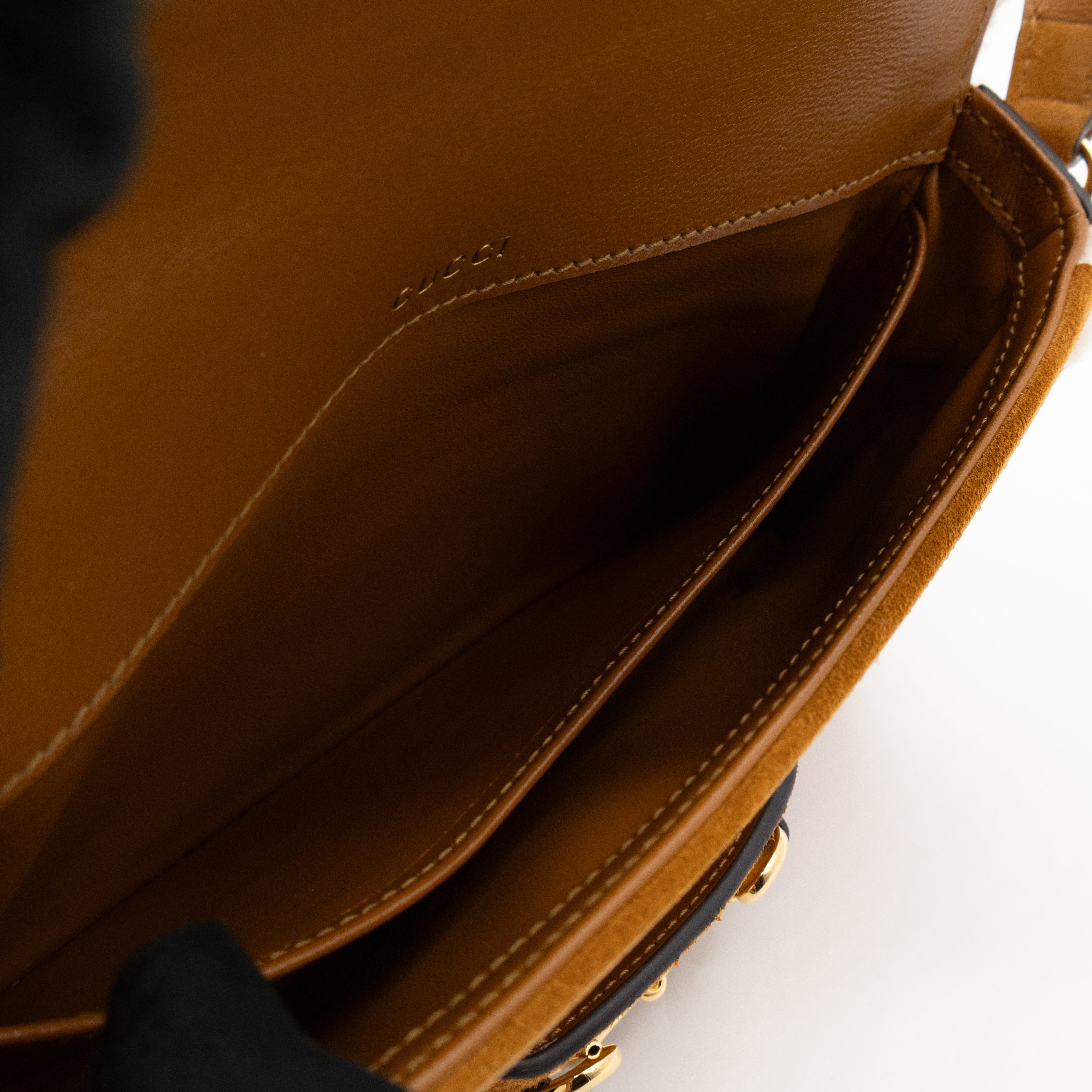 Horsebit 1955 Mini Shoulder Bag Camel Suede Leather Shearling