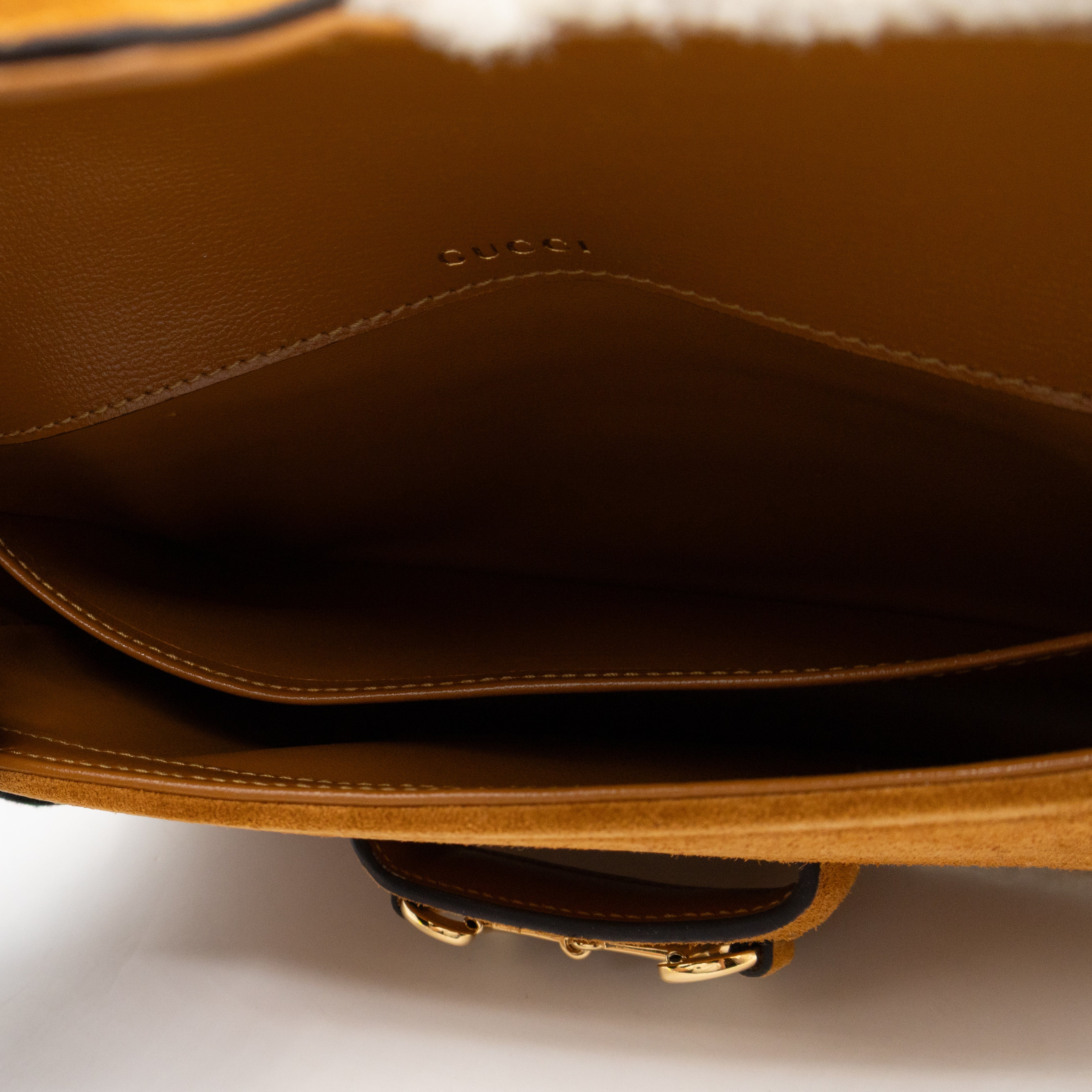 Horsebit 1955 Mini Shoulder Bag Camel Suede Leather Shearling