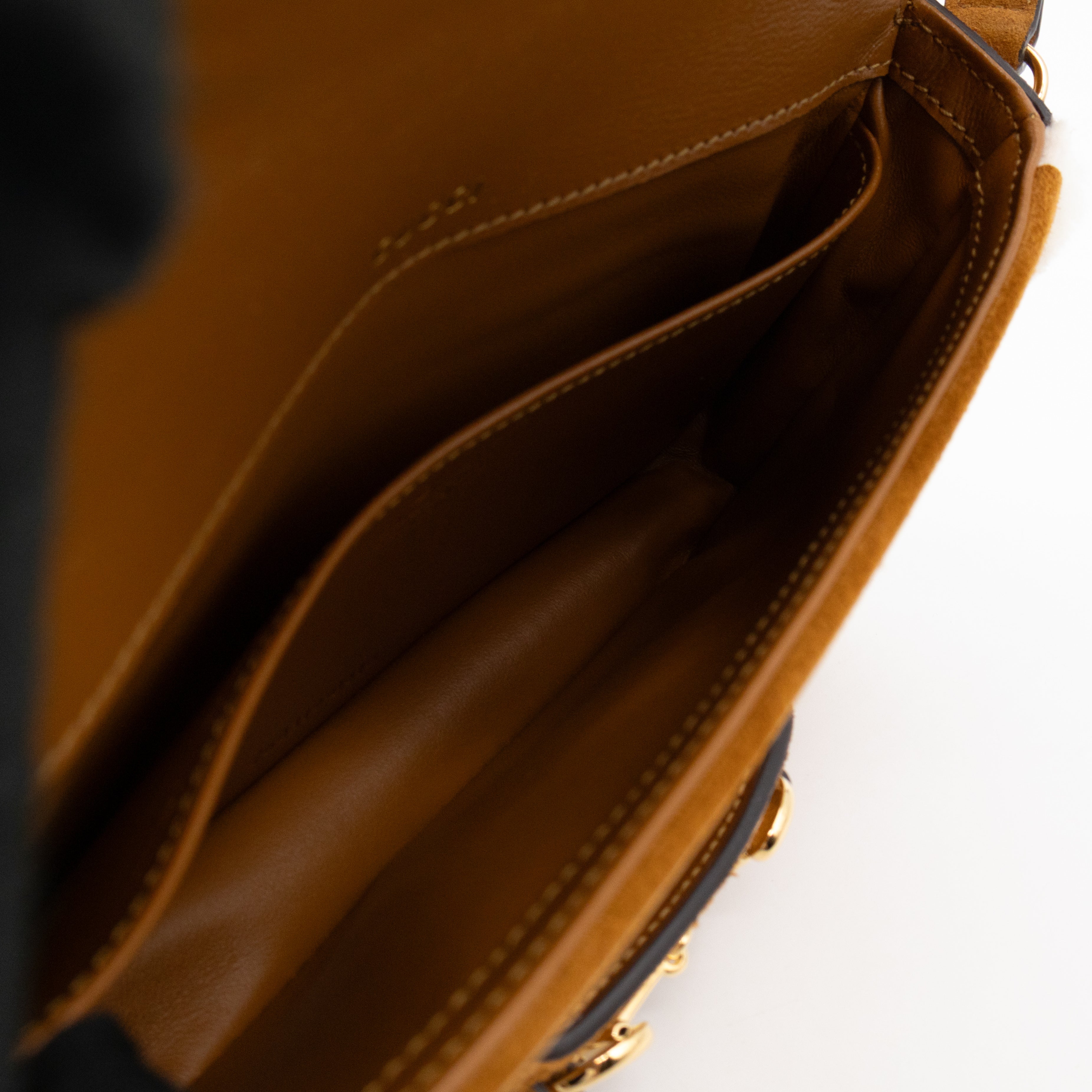 Horsebit 1955 Mini Shoulder Bag Camel Suede Leather Shearling
