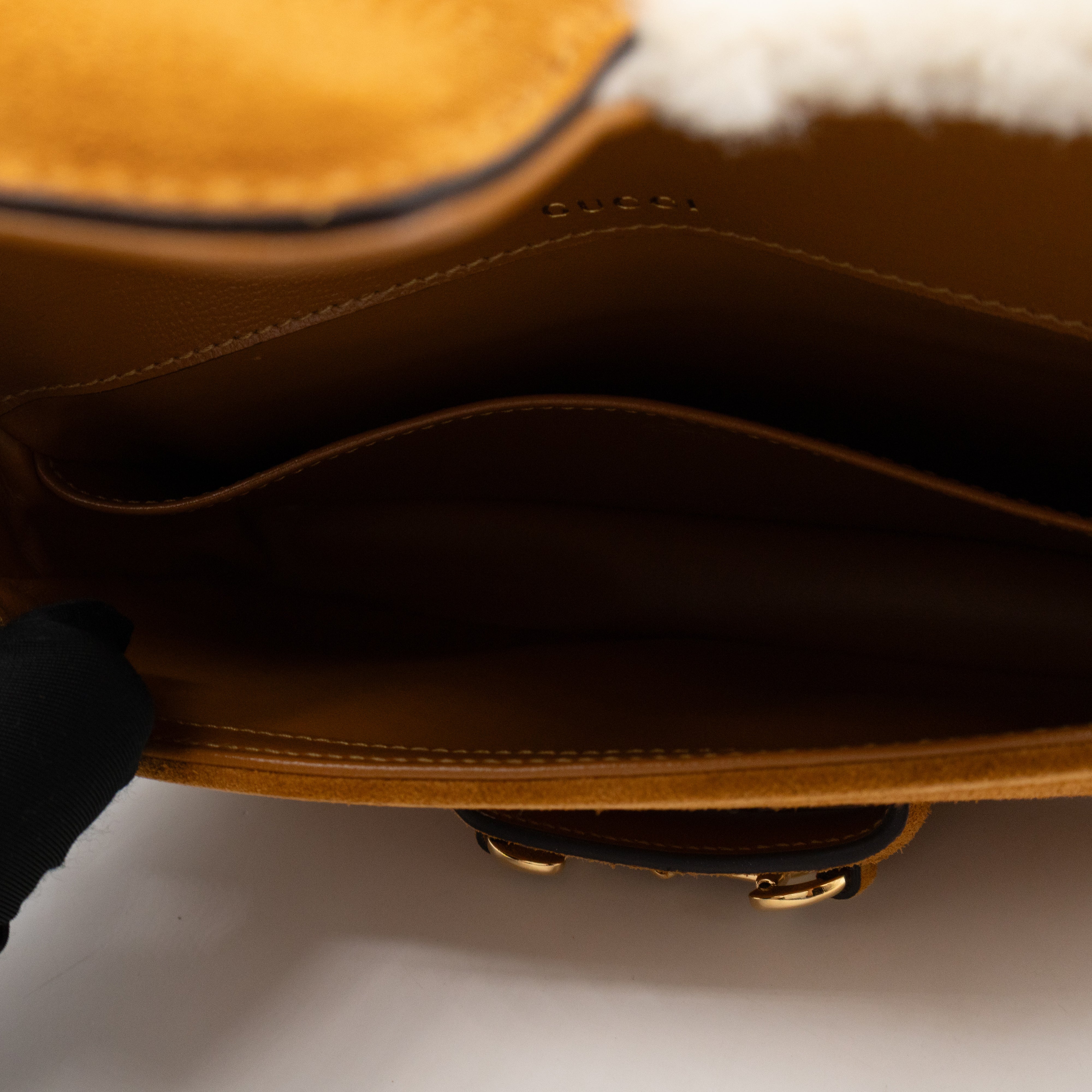 Horsebit 1955 Mini Shoulder Bag Camel Suede Leather Shearling
