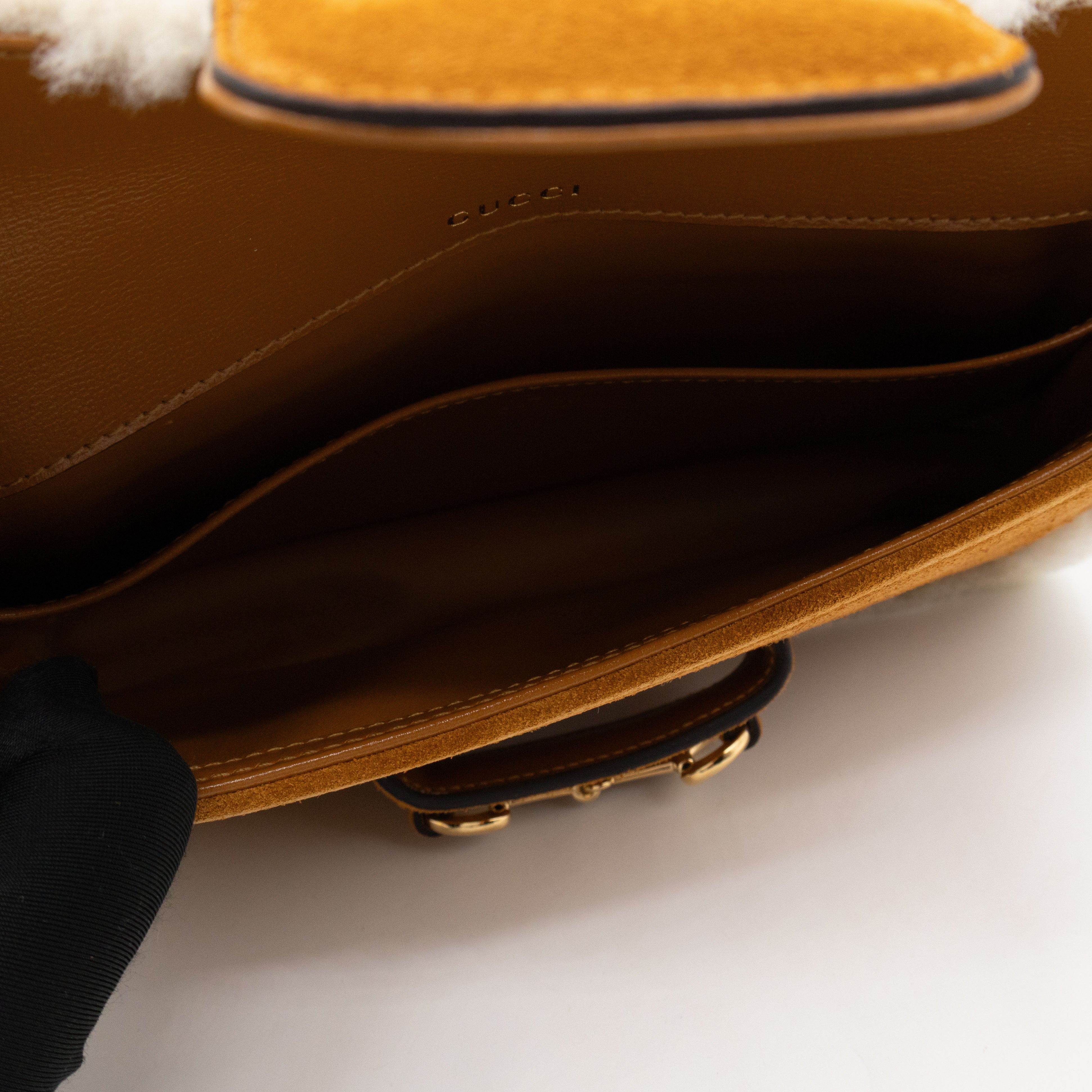 Horsebit 1955 Mini Shoulder Bag Camel Suede Leather Shearling