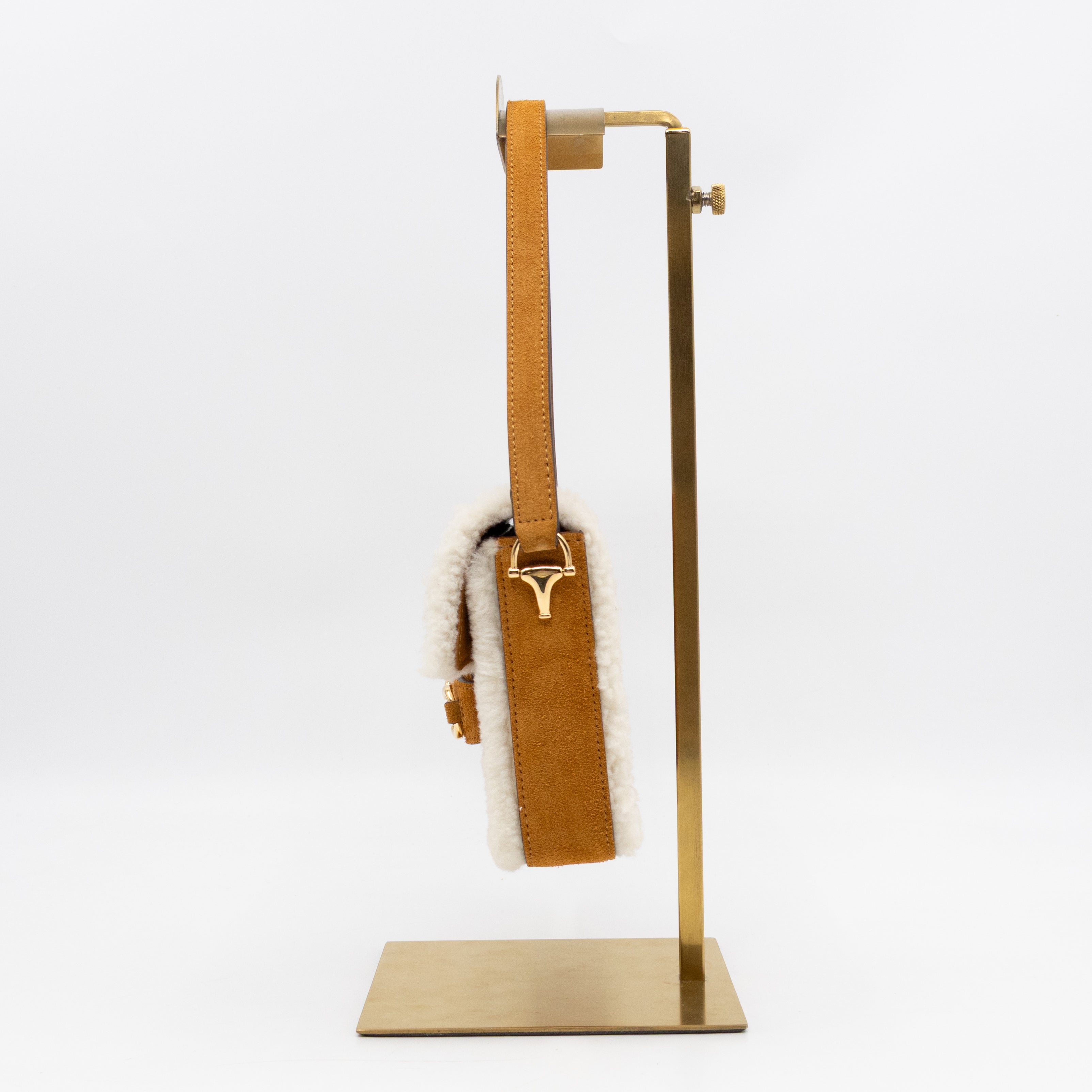 Horsebit 1955 Mini Shoulder Bag Camel Suede Leather Shearling