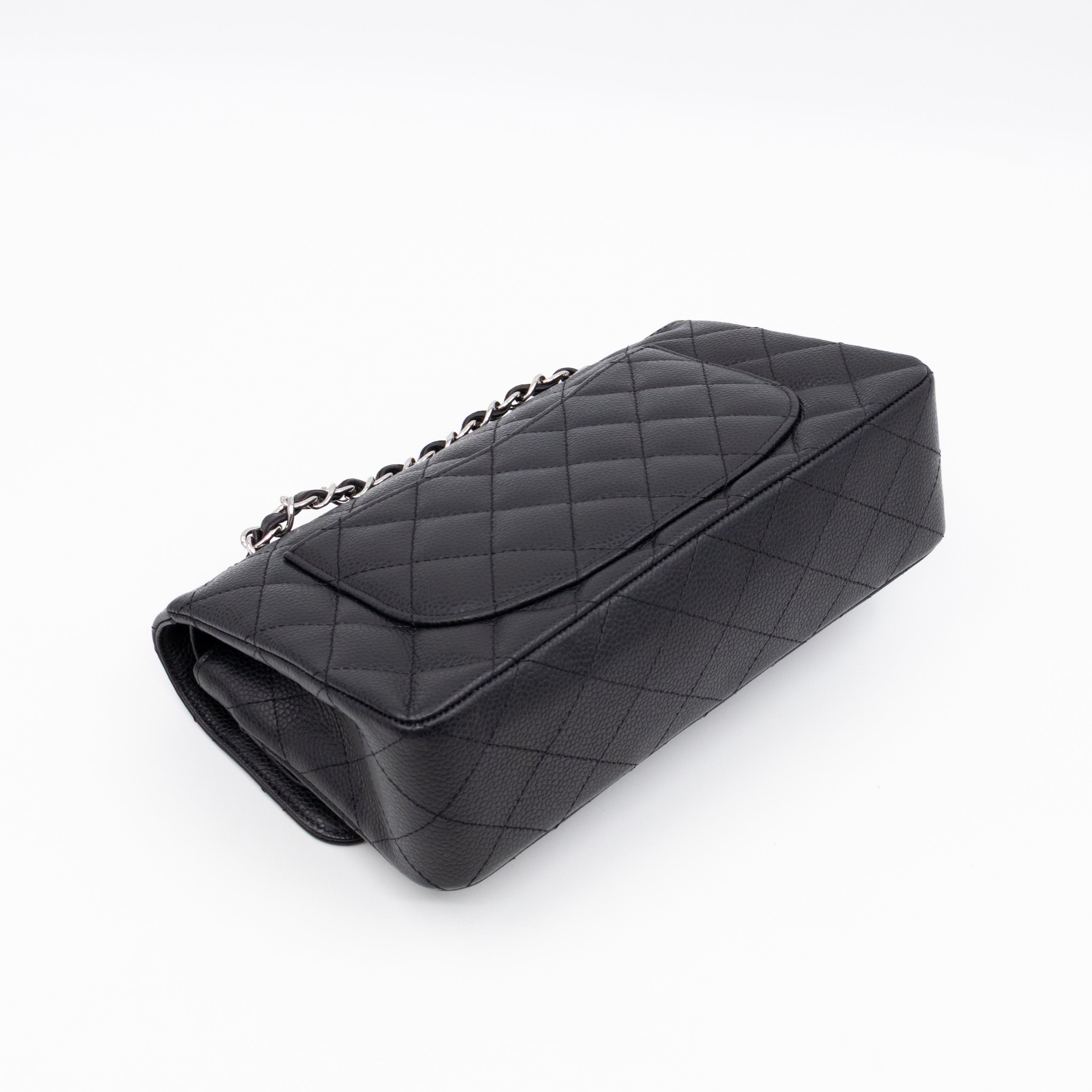 Classic Double Flap Small Black Caviarskin Silver