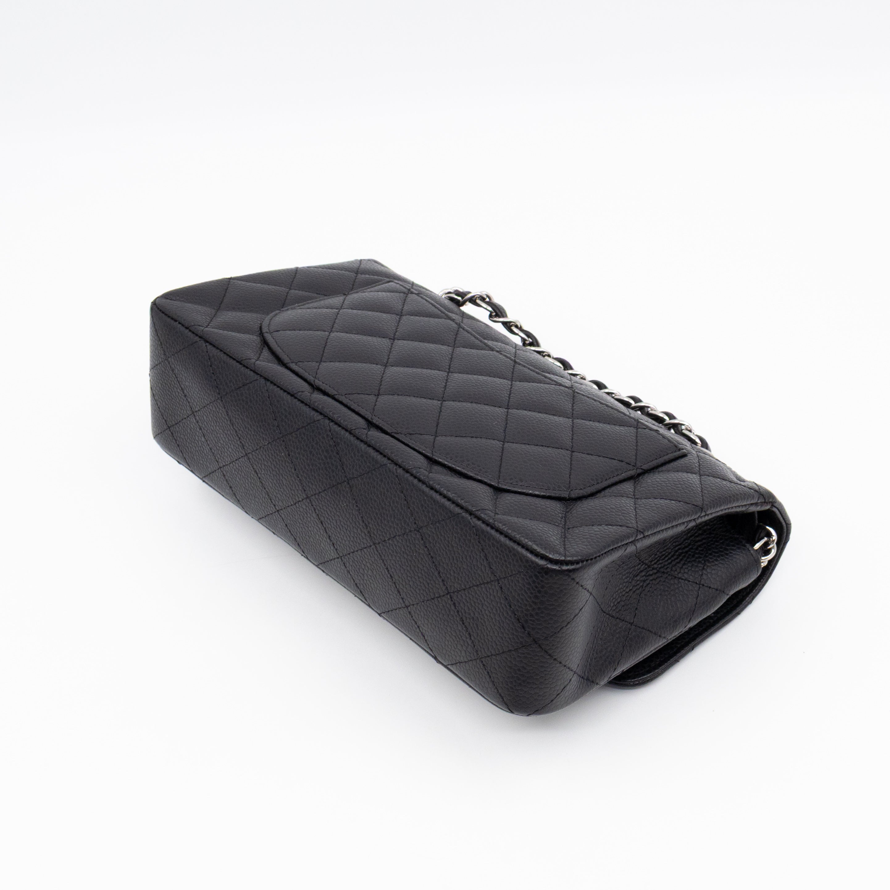 Classic Double Flap Small Black Caviarskin Silver
