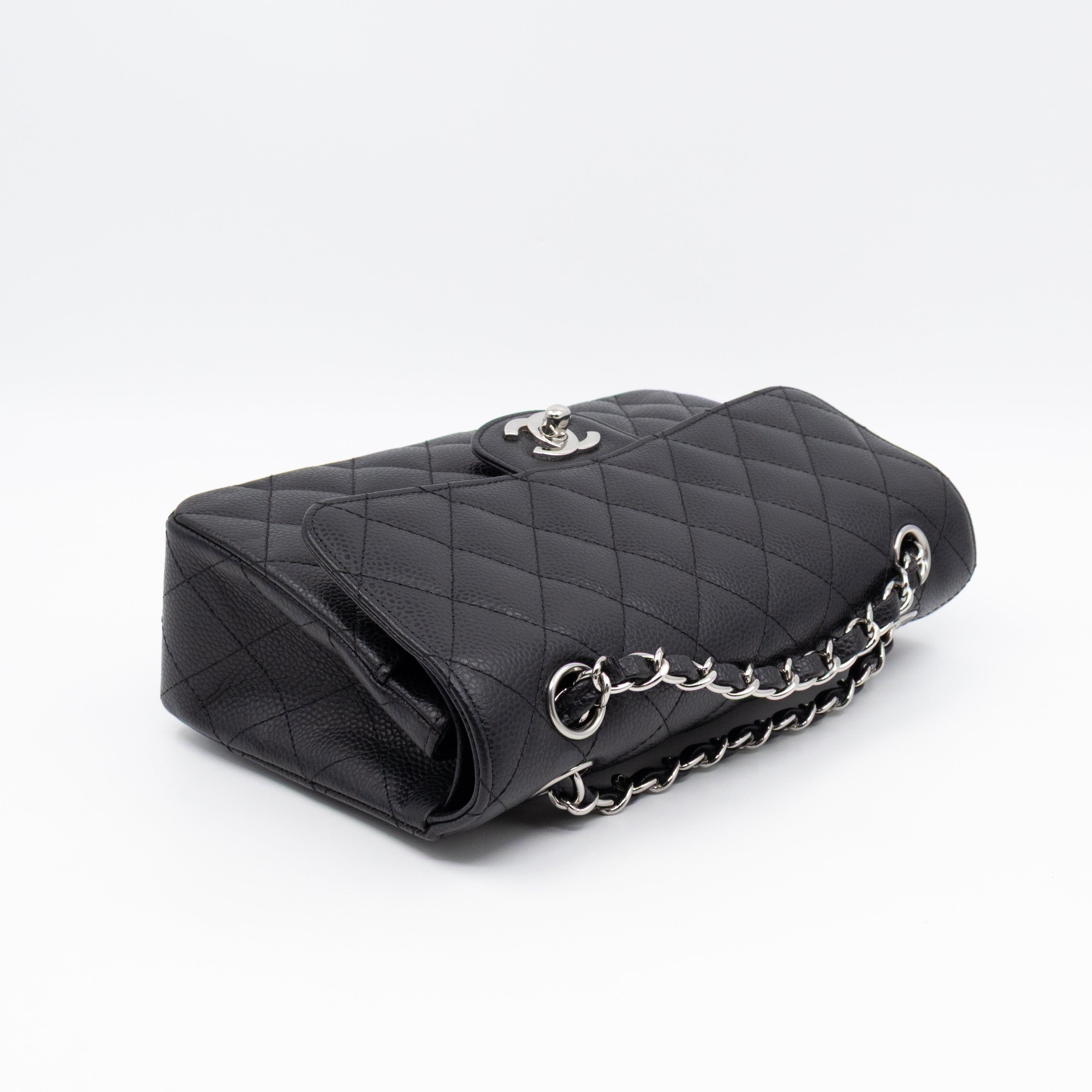 Classic Double Flap Small Black Caviarskin Silver