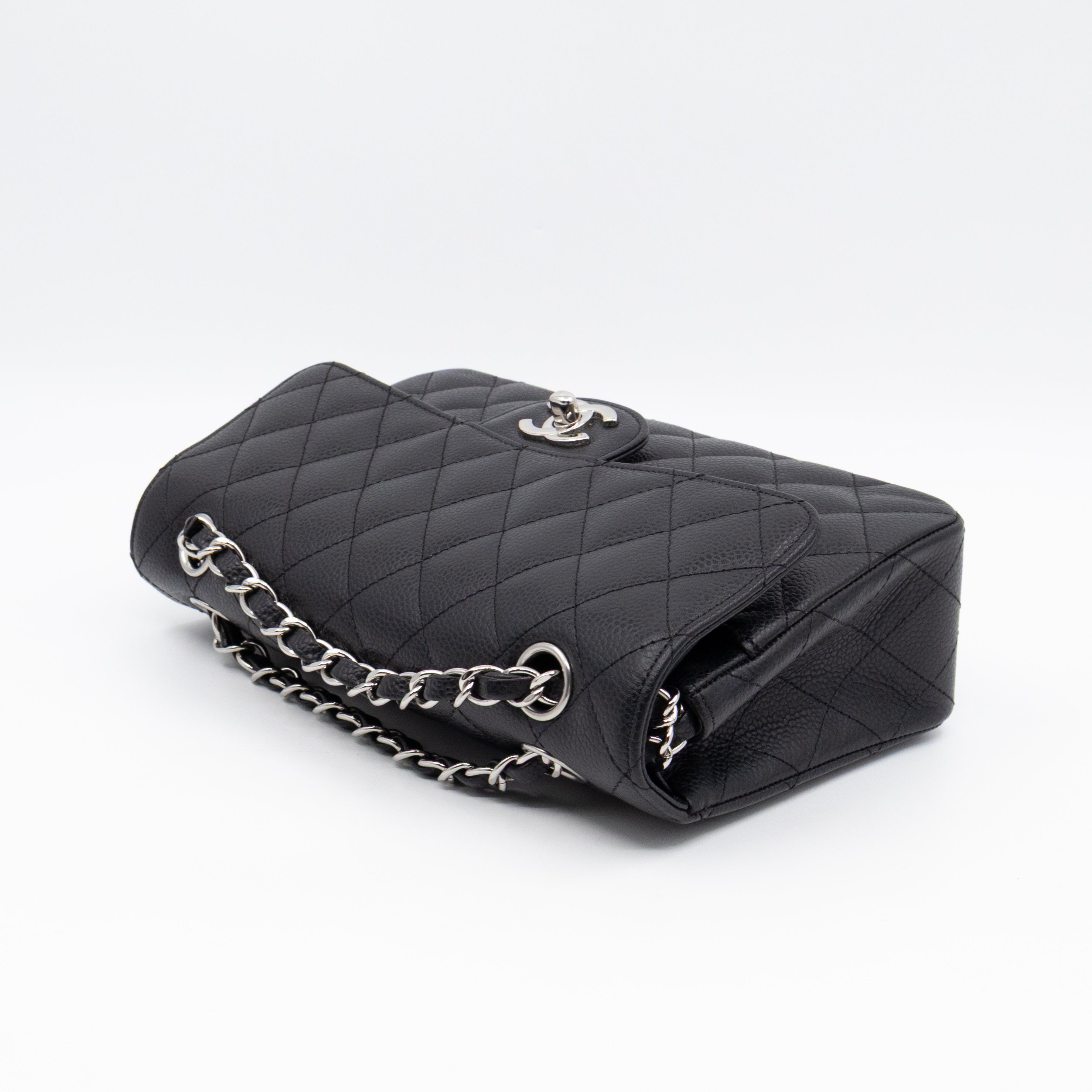Classic Double Flap Small Black Caviarskin Silver