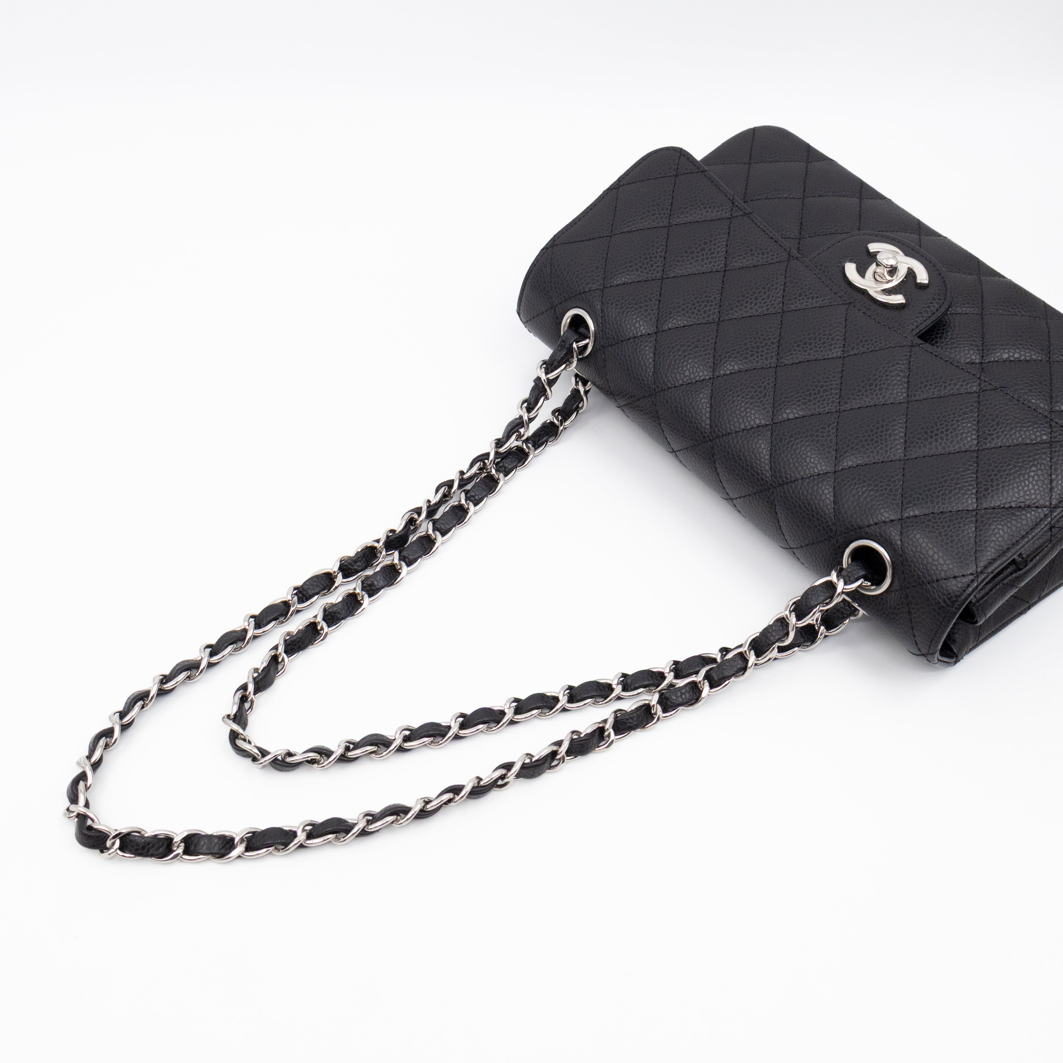 Classic Double Flap Small Black Caviarskin Silver