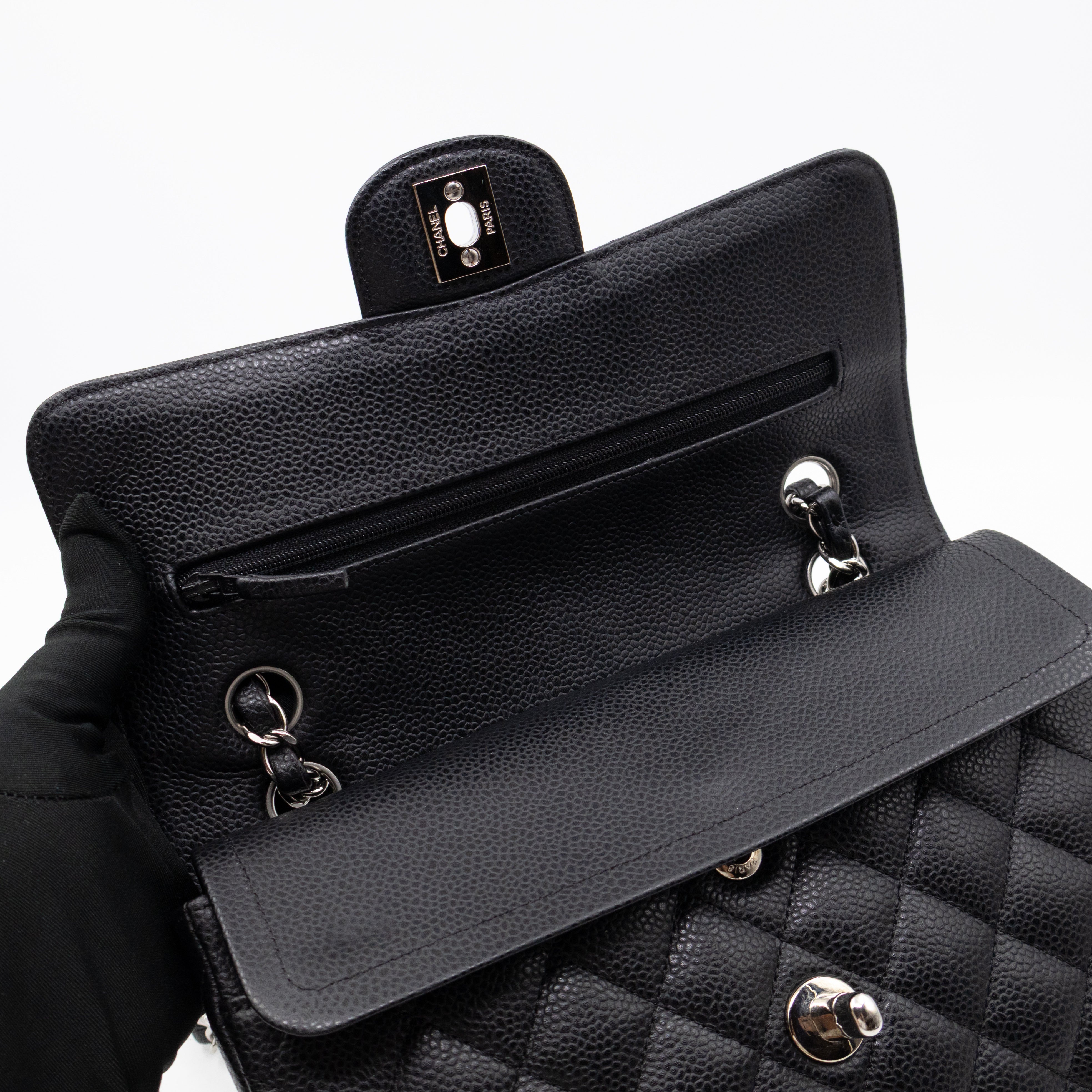 Classic Double Flap Small Black Caviarskin Silver
