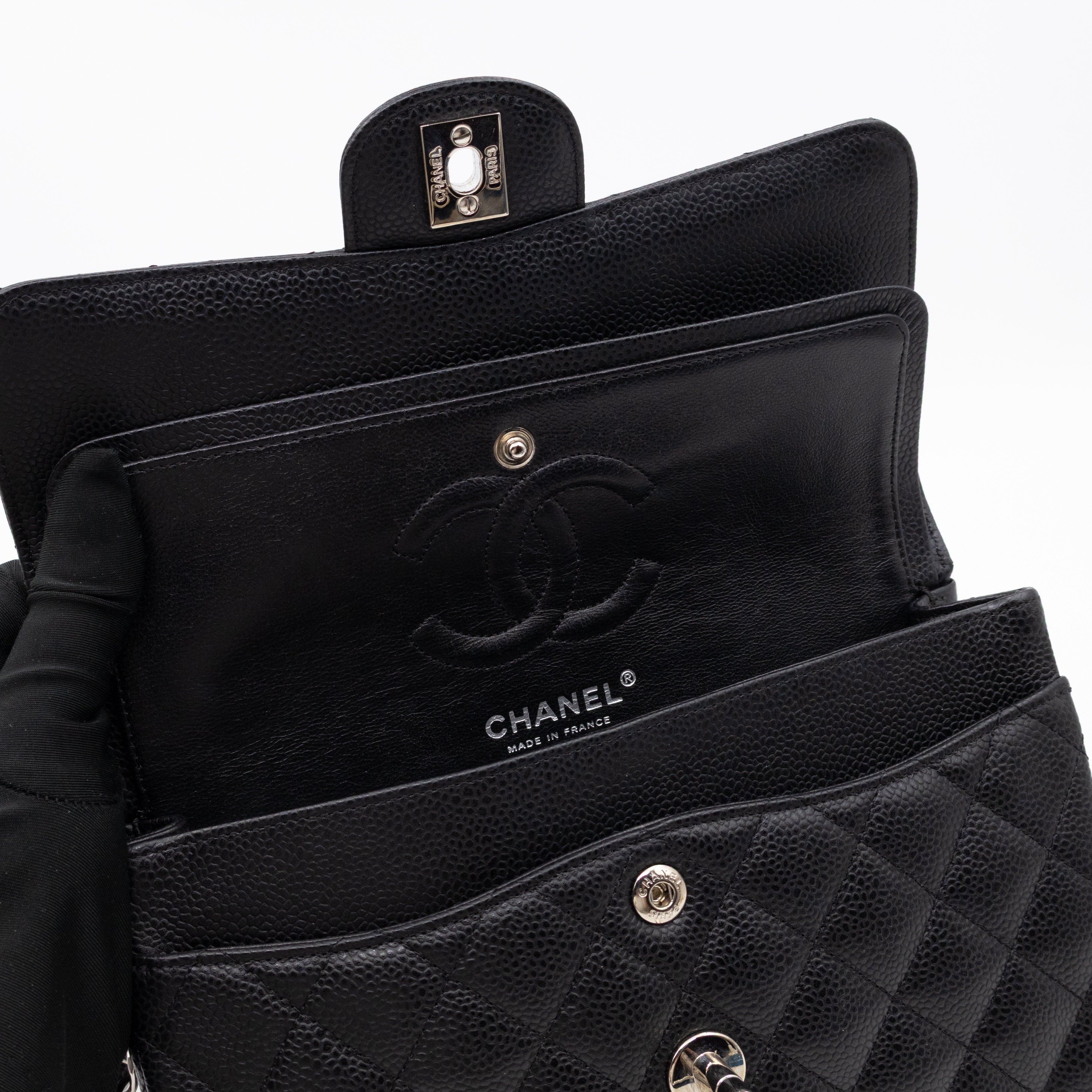 Classic Double Flap Small Black Caviarskin Silver