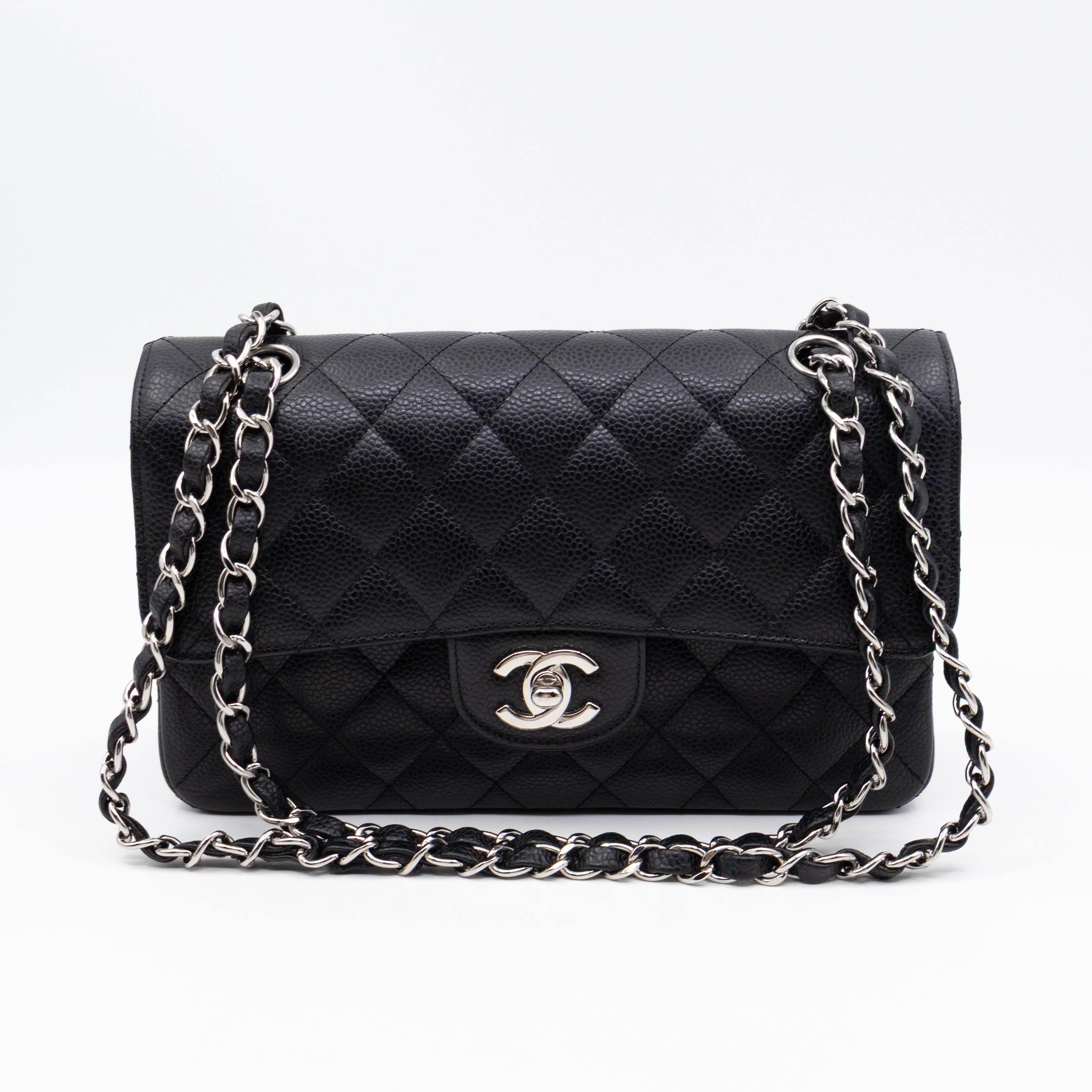 Classic Double Flap Small Black Caviarskin Silver