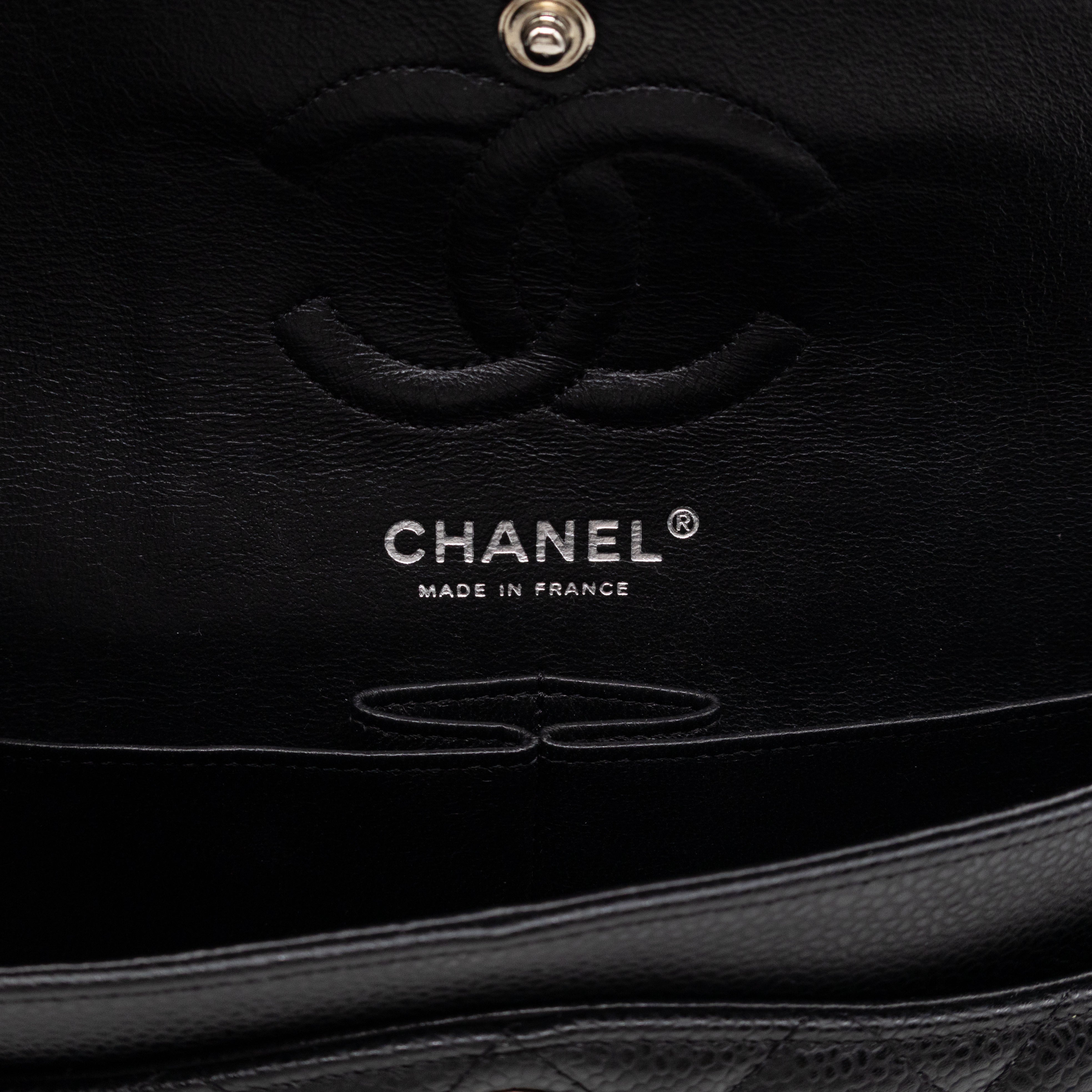 Classic Double Flap Small Black Caviarskin Silver