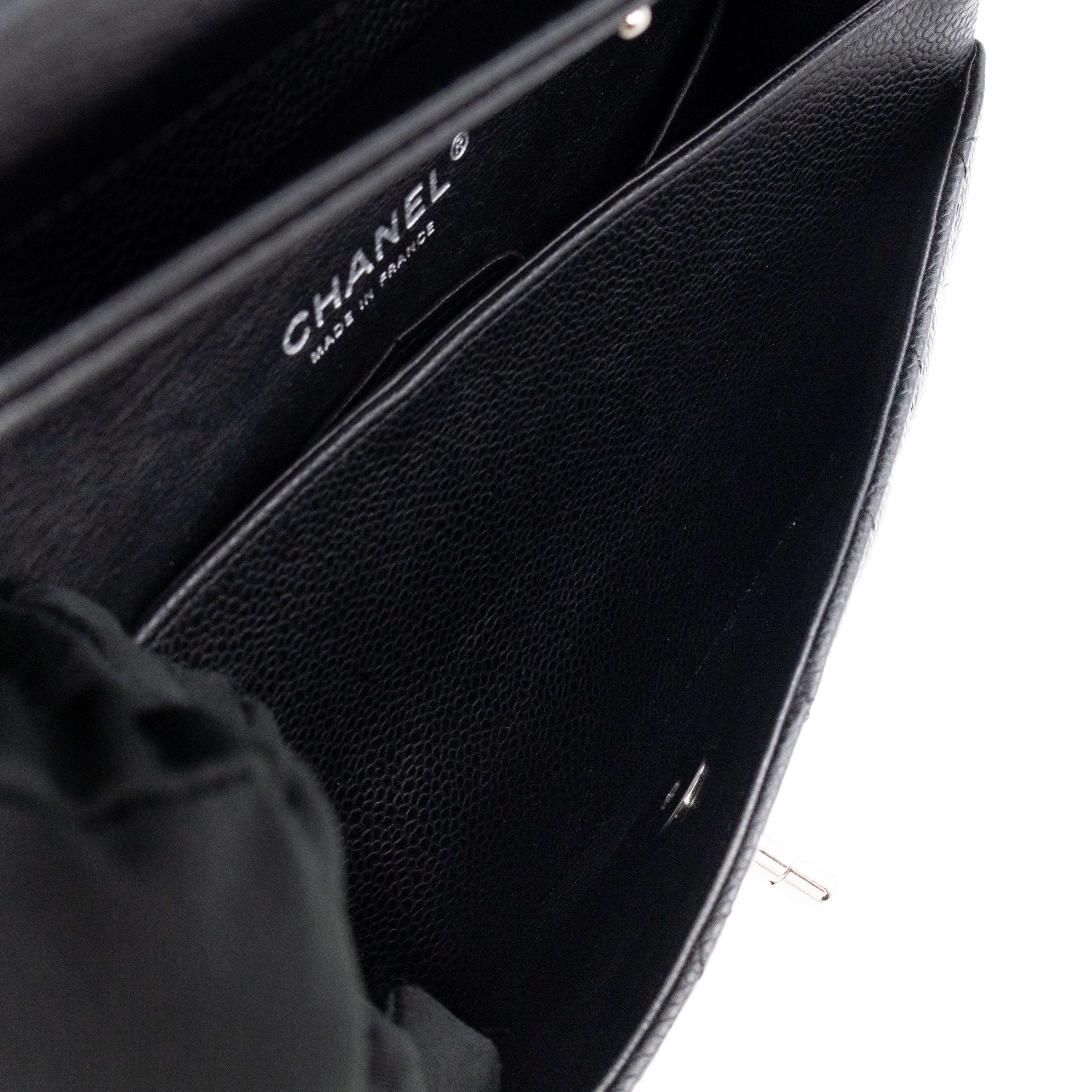 Classic Double Flap Small Black Caviarskin Silver