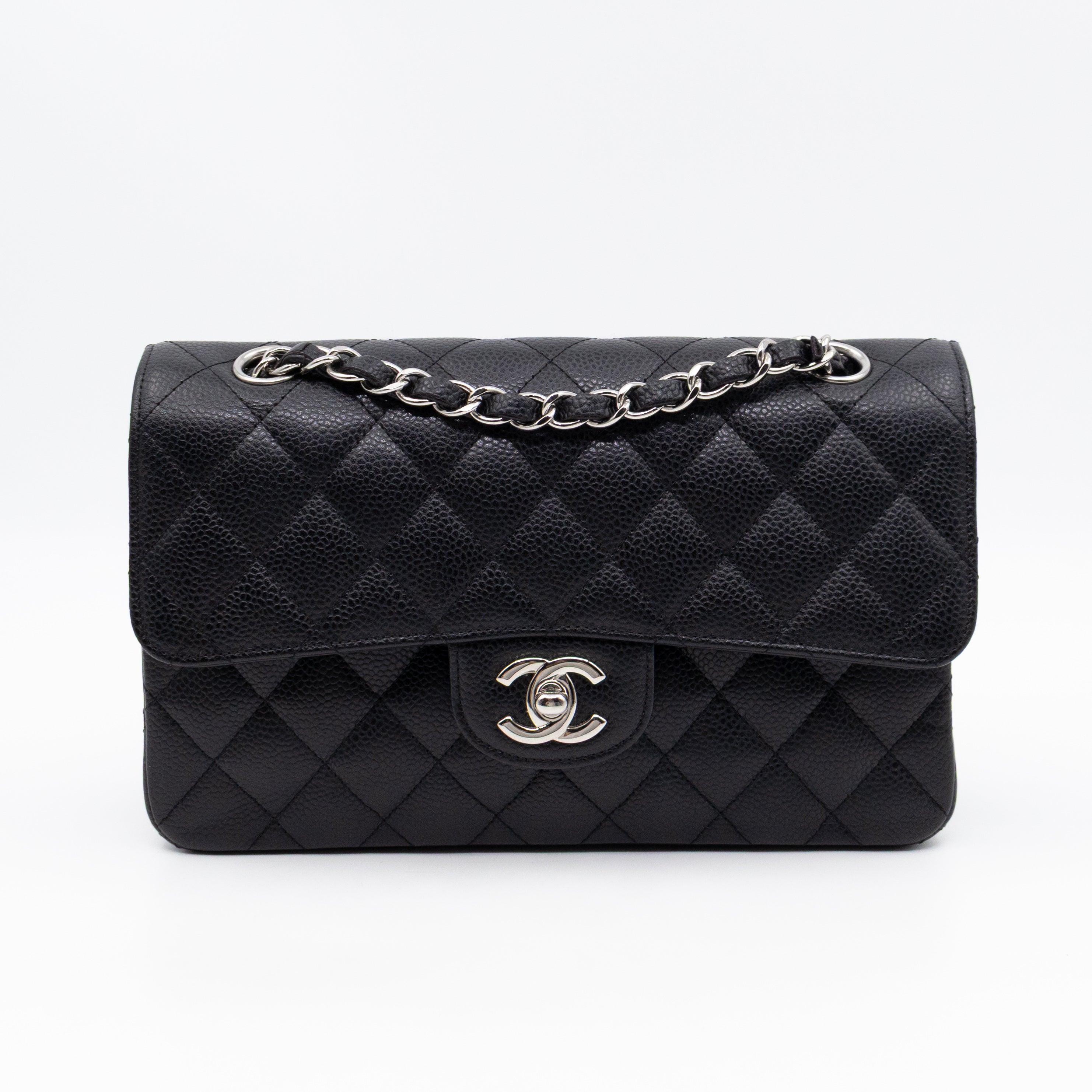 Classic Double Flap Small Black Caviarskin Silver