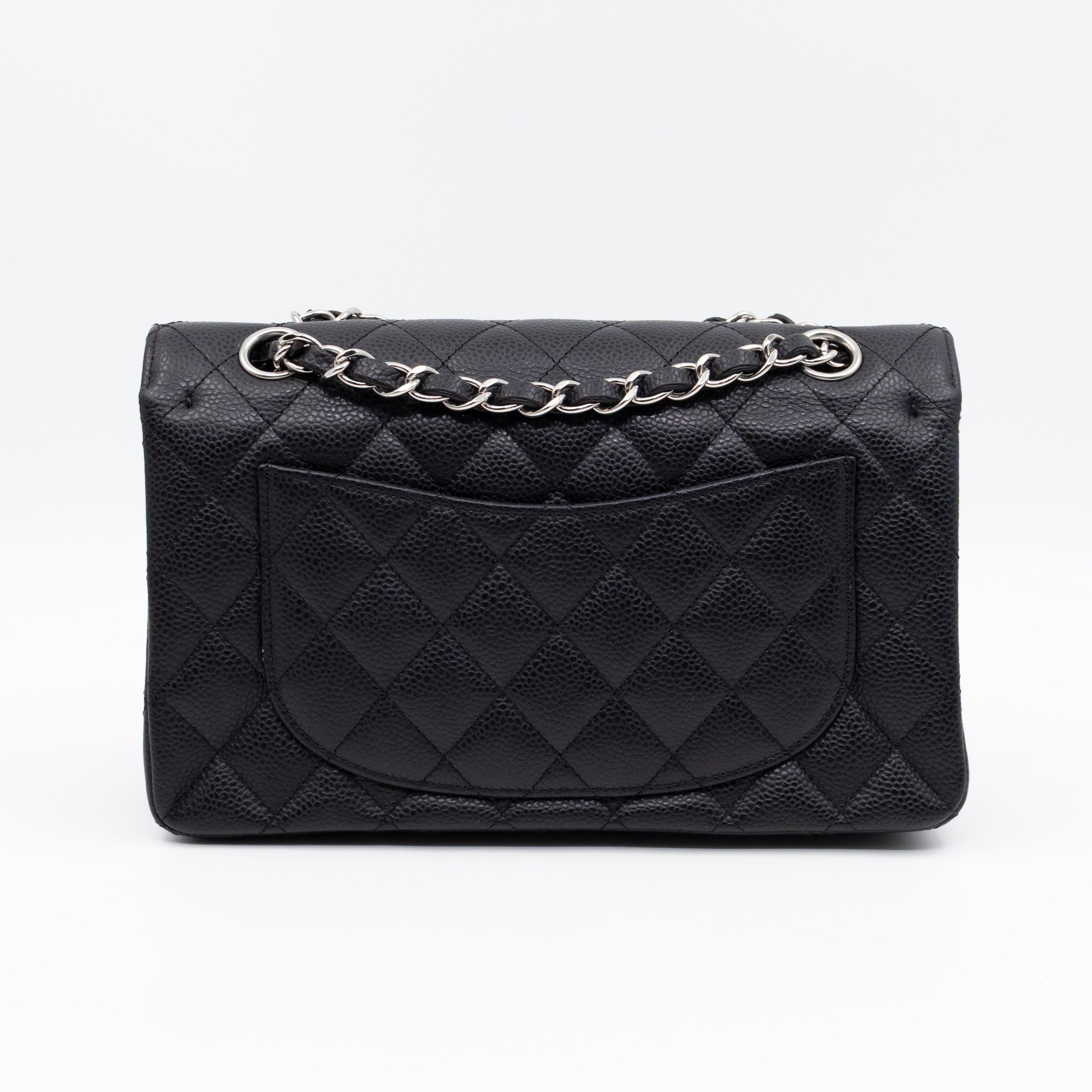 Classic Double Flap Small Black Caviarskin Silver