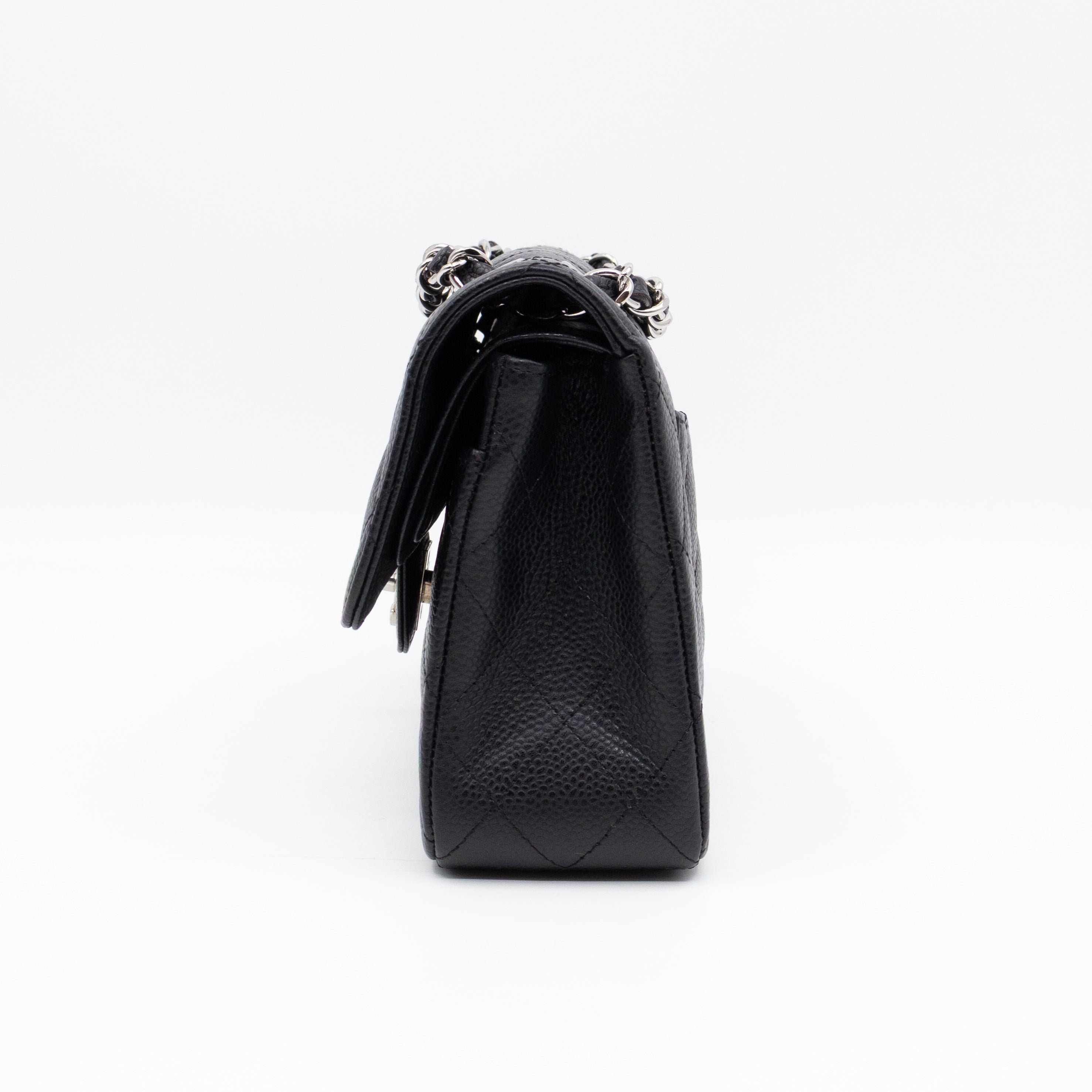 Classic Double Flap Small Black Caviarskin Silver