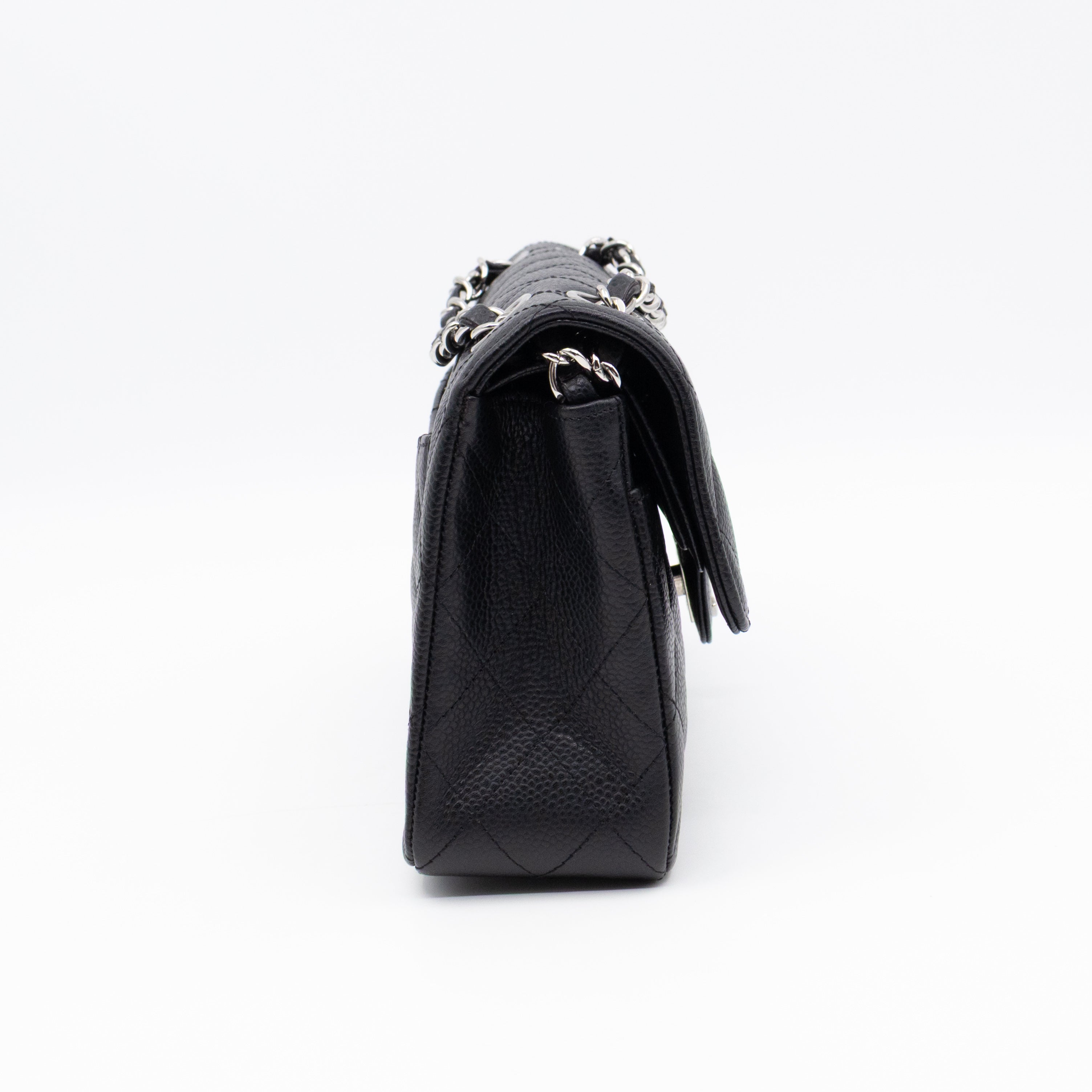 Classic Double Flap Small Black Caviarskin Silver