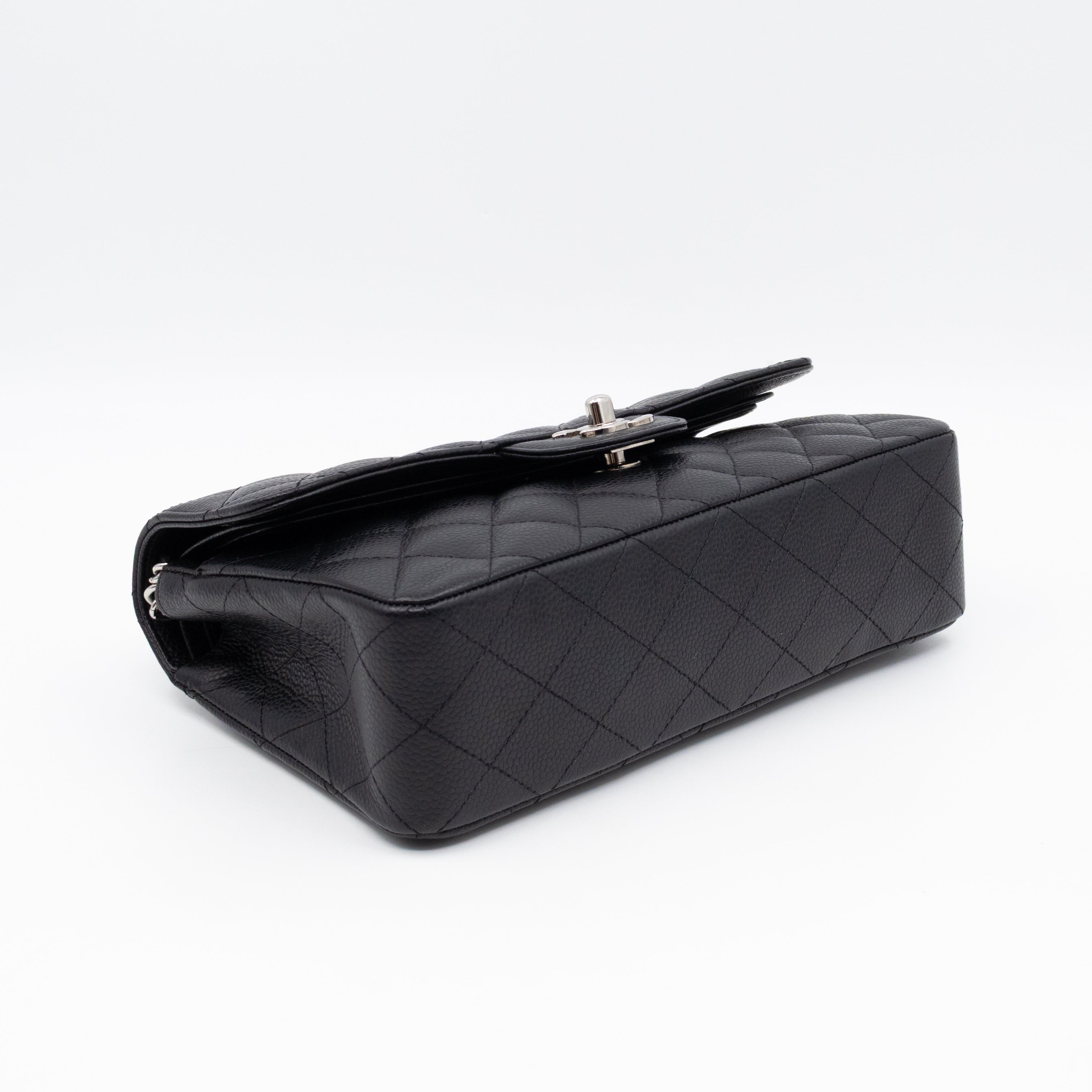 Classic Double Flap Small Black Caviarskin Silver