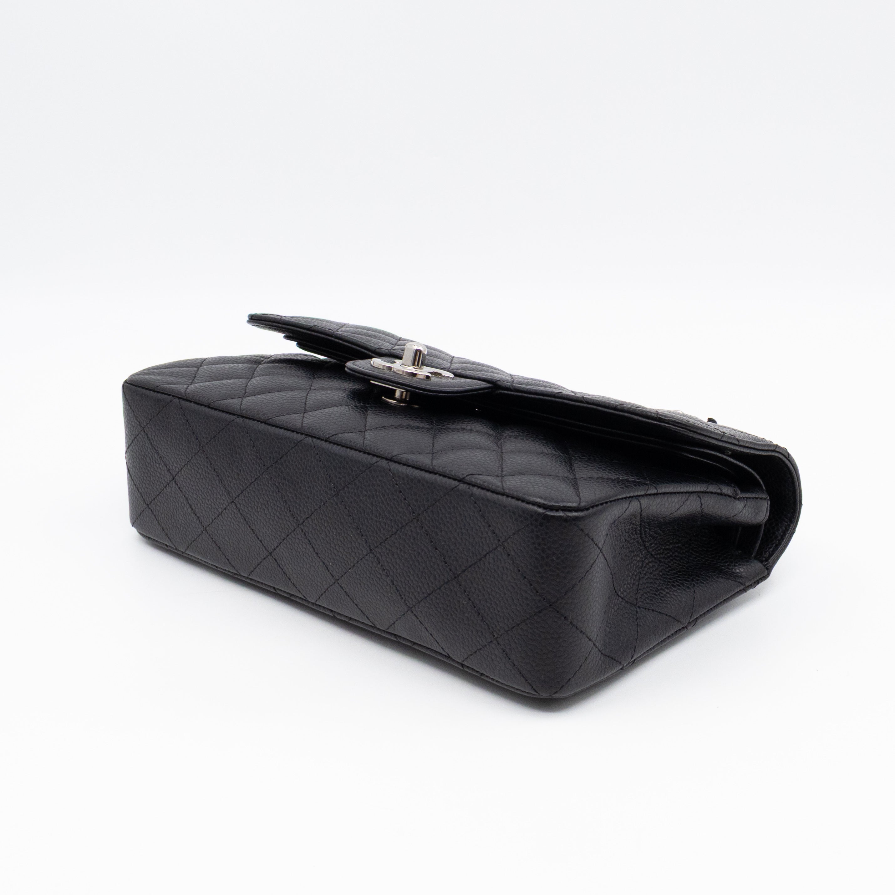 Classic Double Flap Small Black Caviarskin Silver
