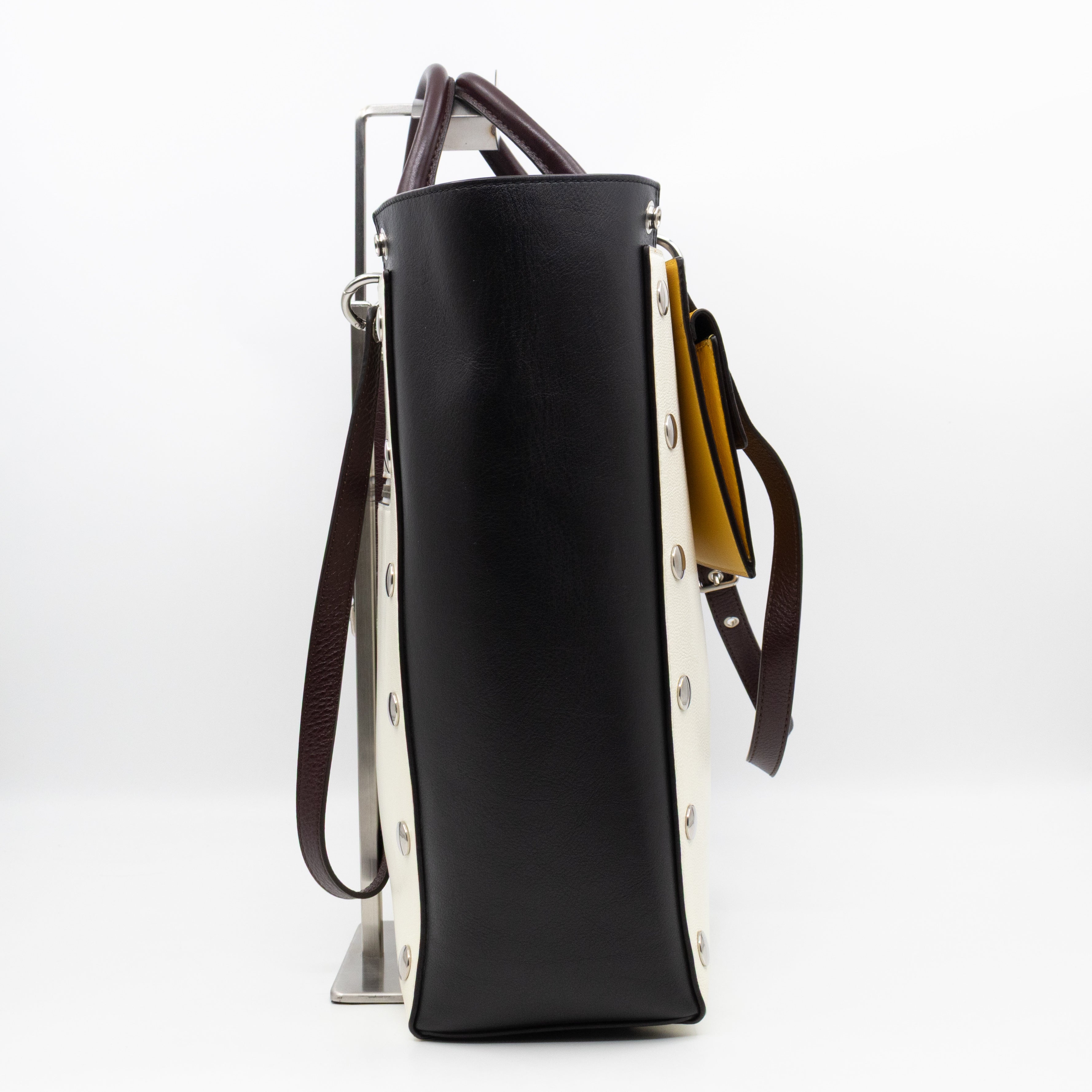Studded Maple Tote Black & White Smooth Leather