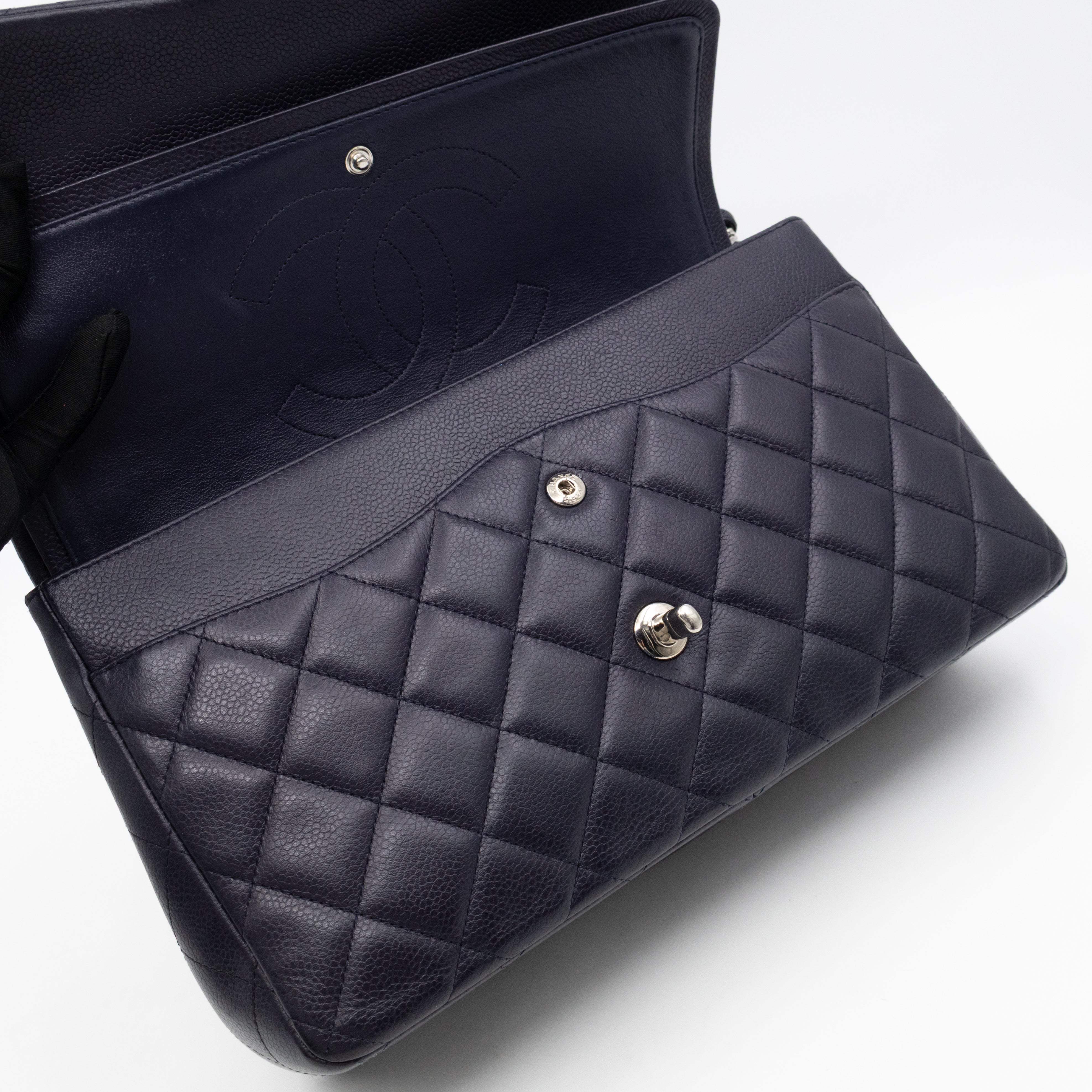 Classic Double Flap Jumbo Navy Soft Caviar Leather Silver