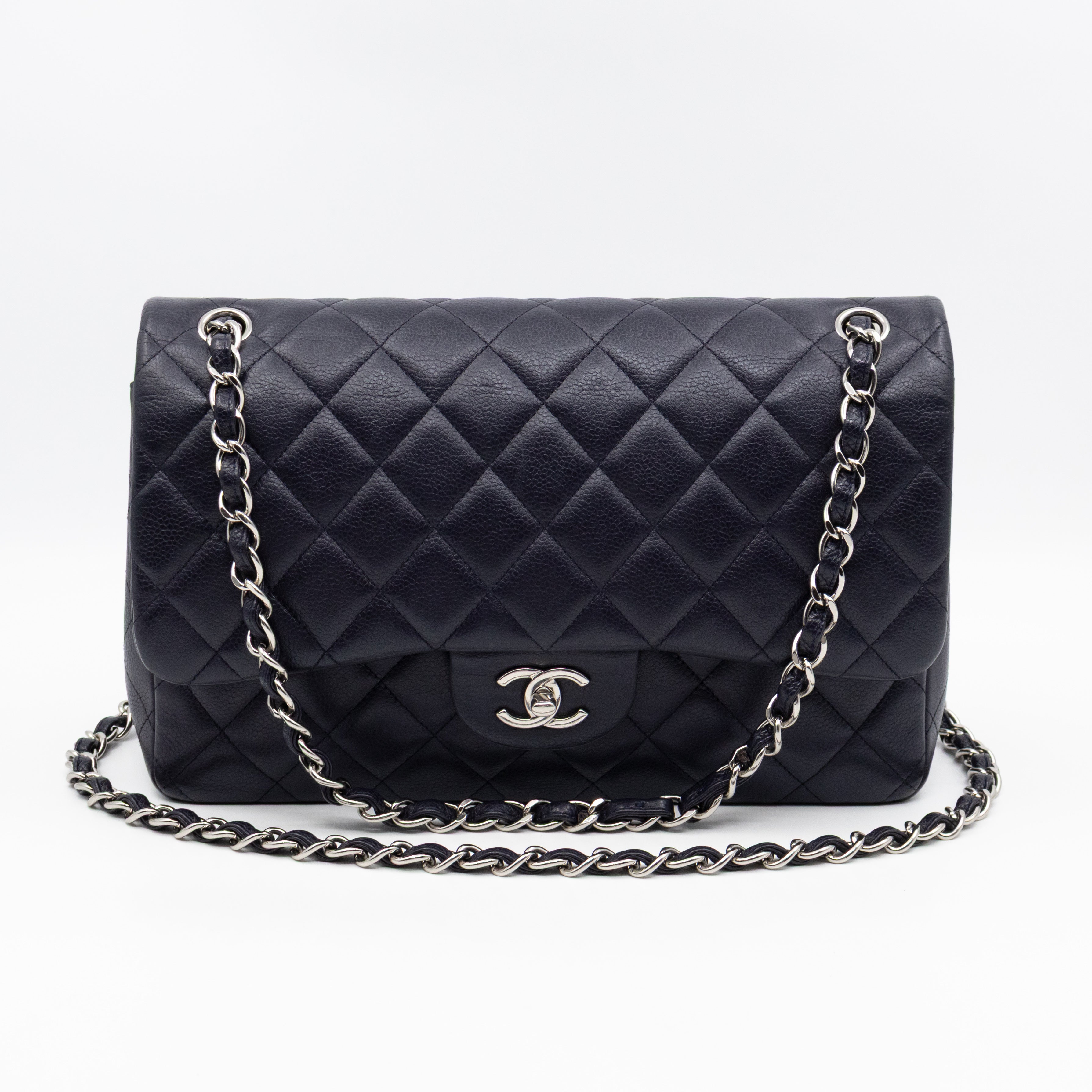 Classic Double Flap Jumbo Navy Soft Caviar Leather Silver