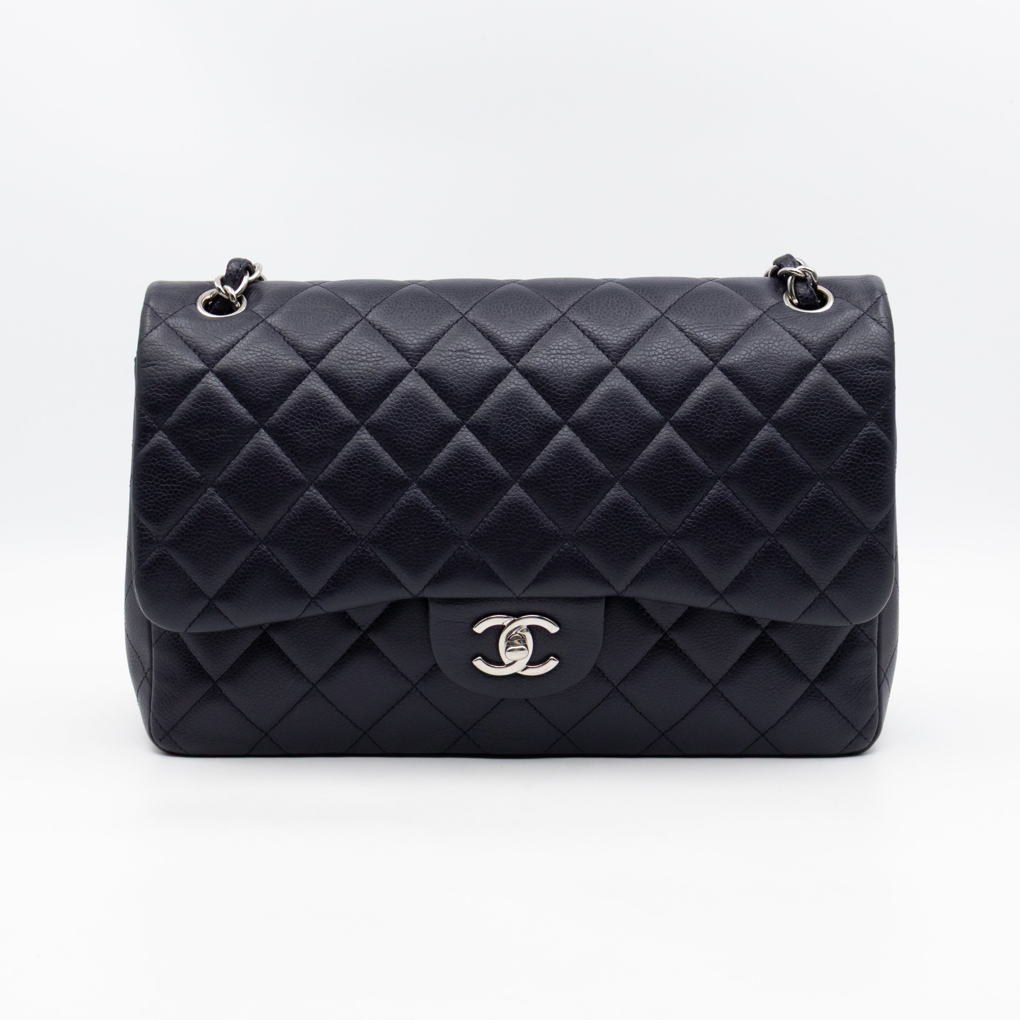 Classic Double Flap Jumbo Navy Soft Caviar Leather Silver