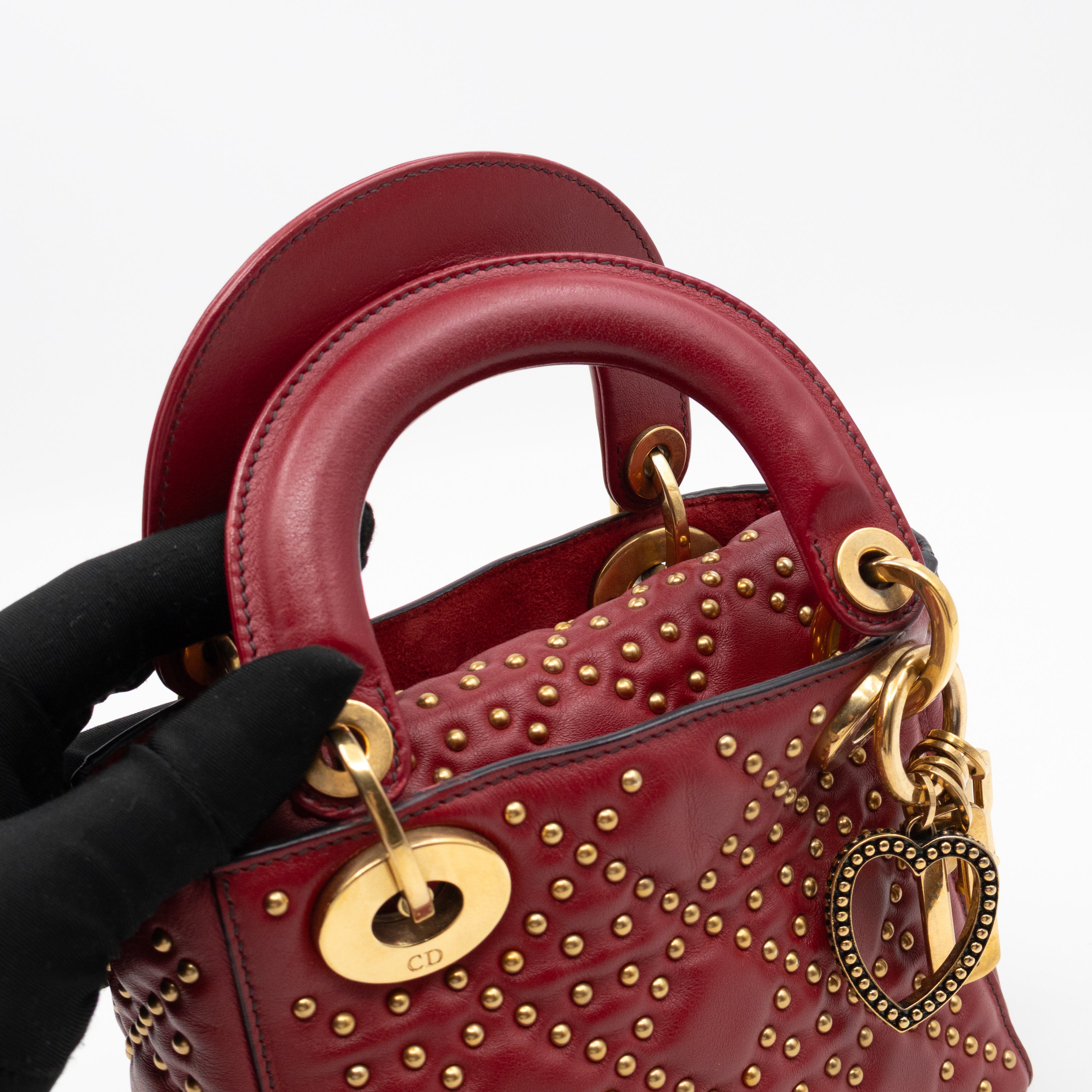 Lady Dior Mini Red Supple Studded Leather