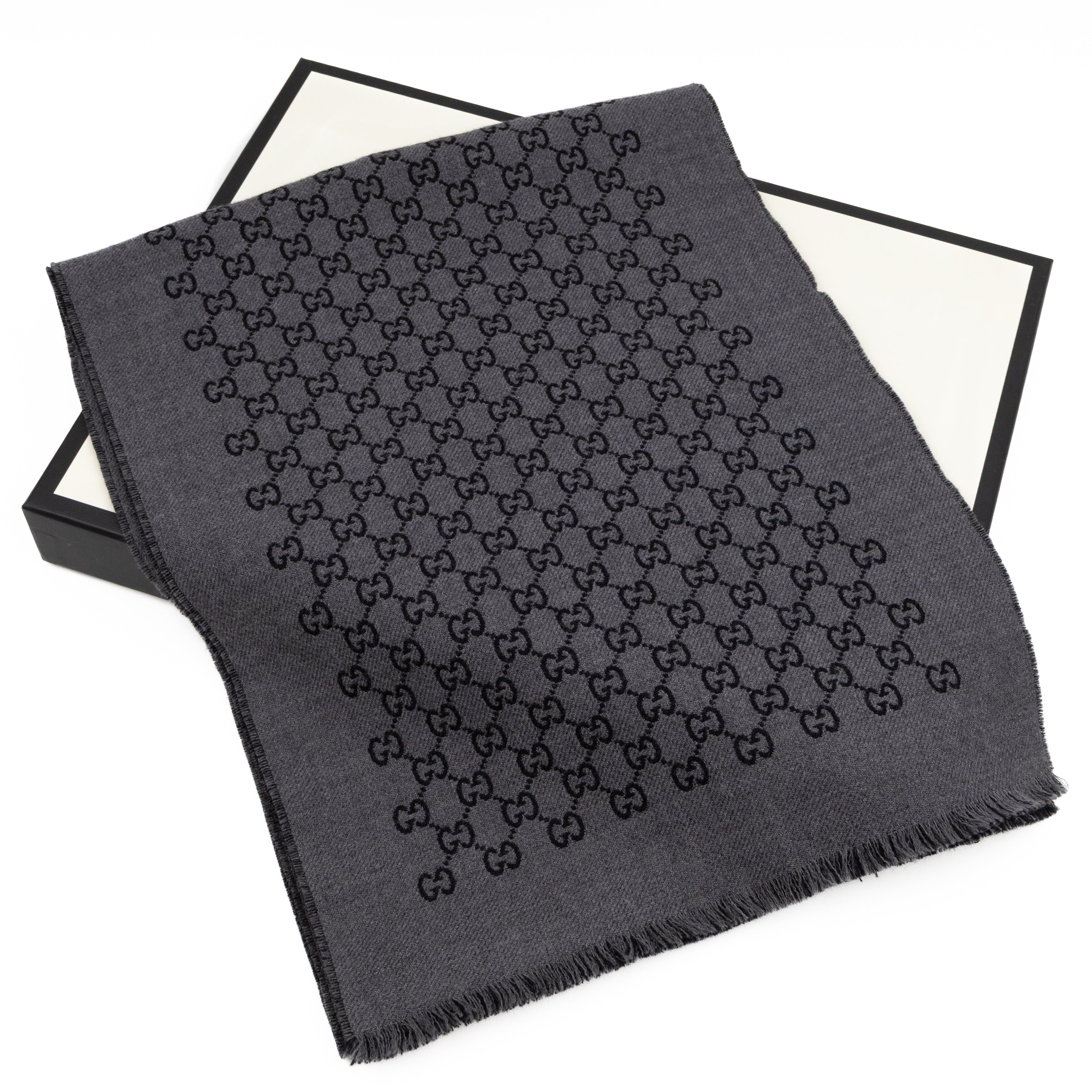 Double Jacquard GG Wool Scarf Black