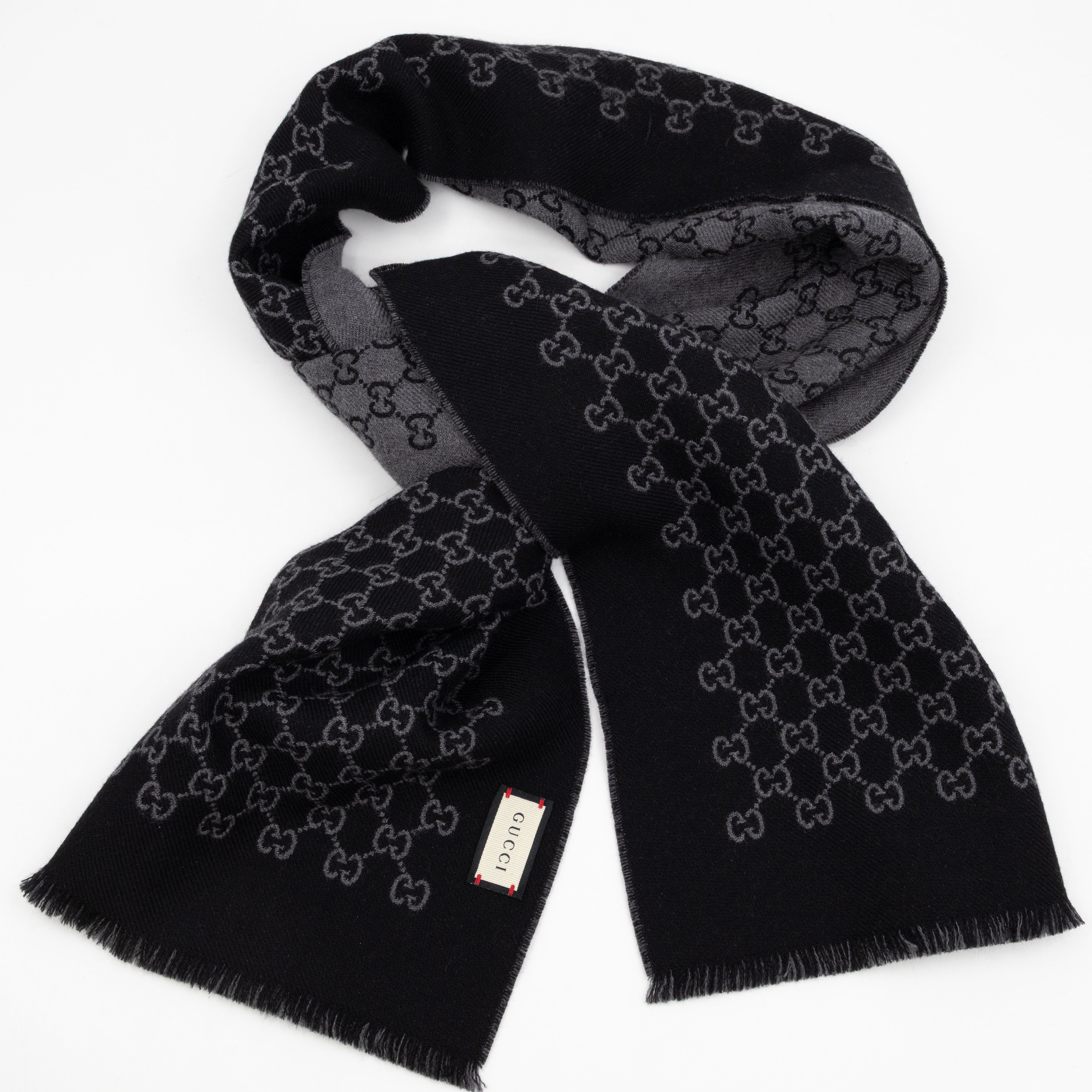 Double Jacquard GG Wool Scarf Black