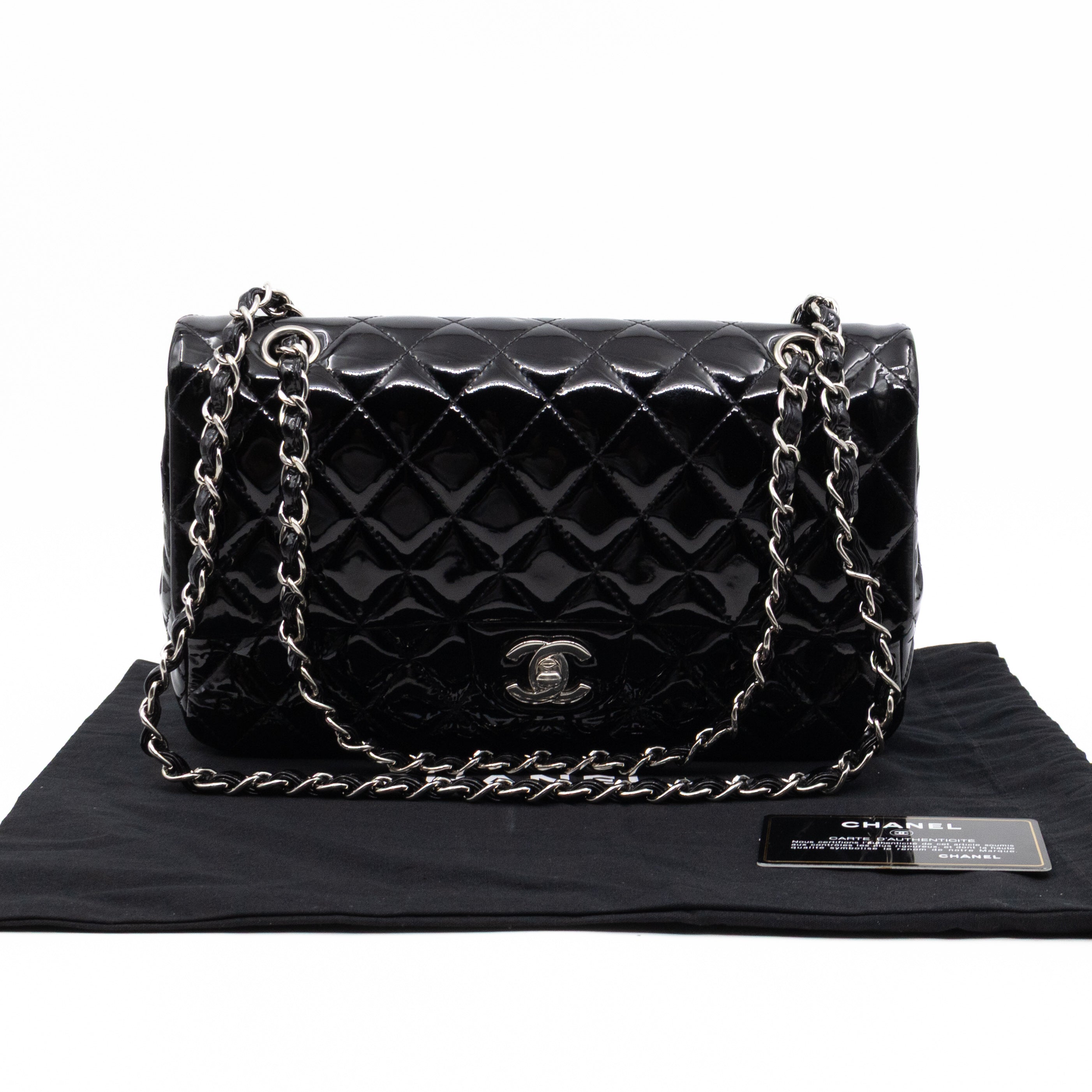 Classic Double Flap Medium Black Patent Leather Silver