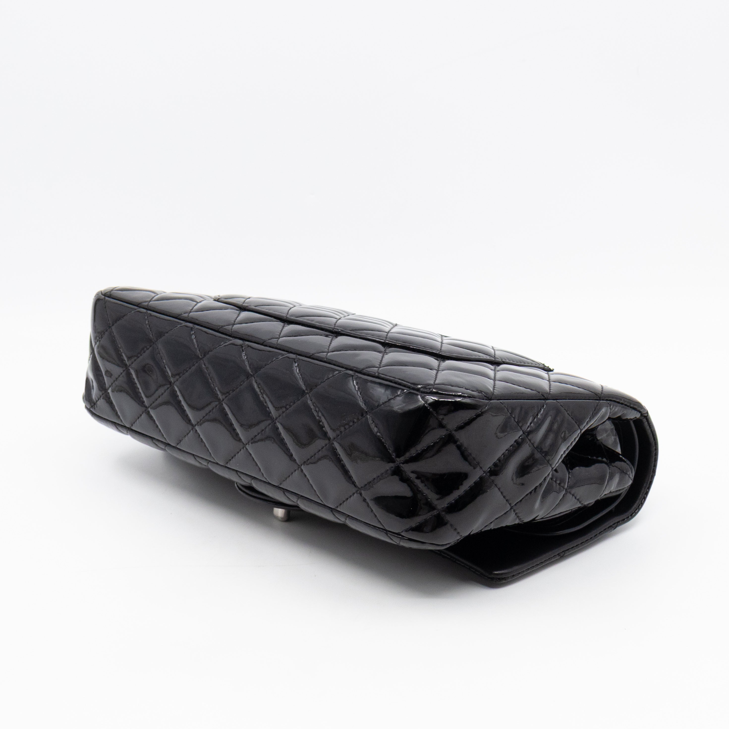 Classic Double Flap Medium Black Patent Leather Silver