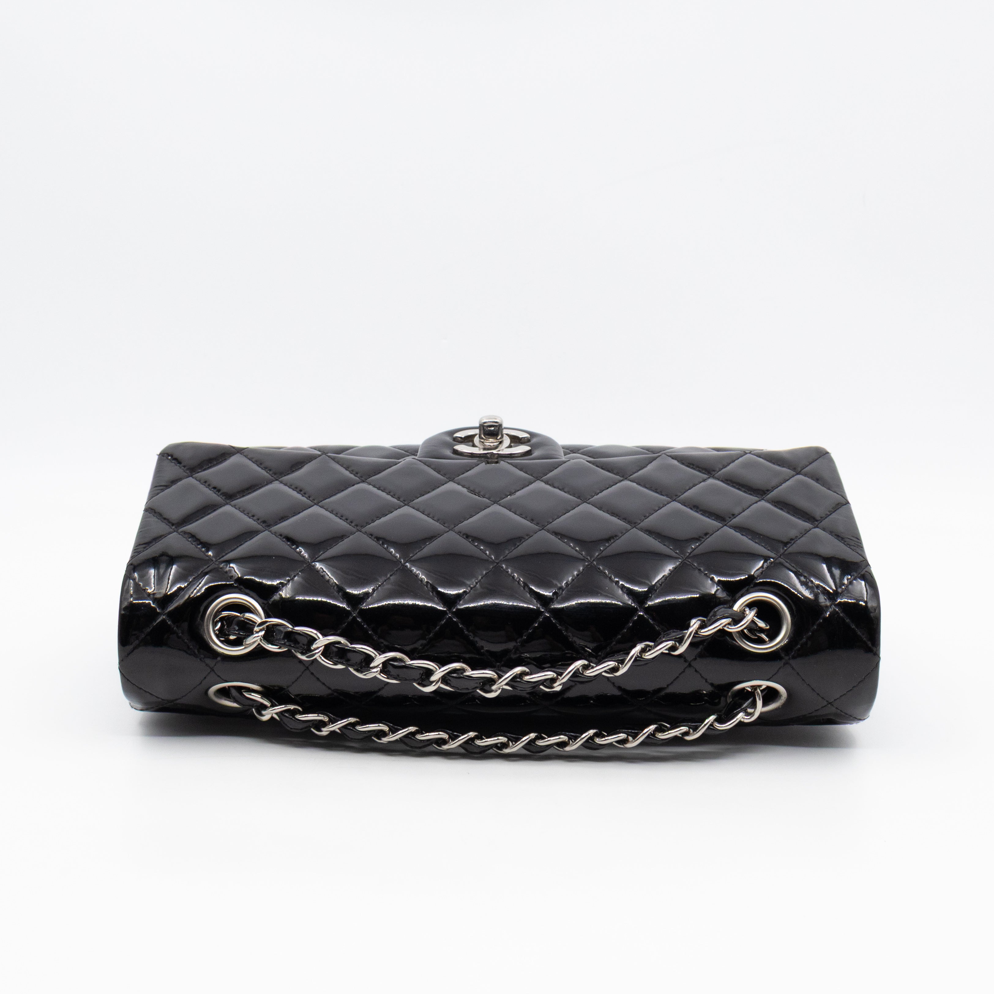 Classic Double Flap Medium Black Patent Leather Silver