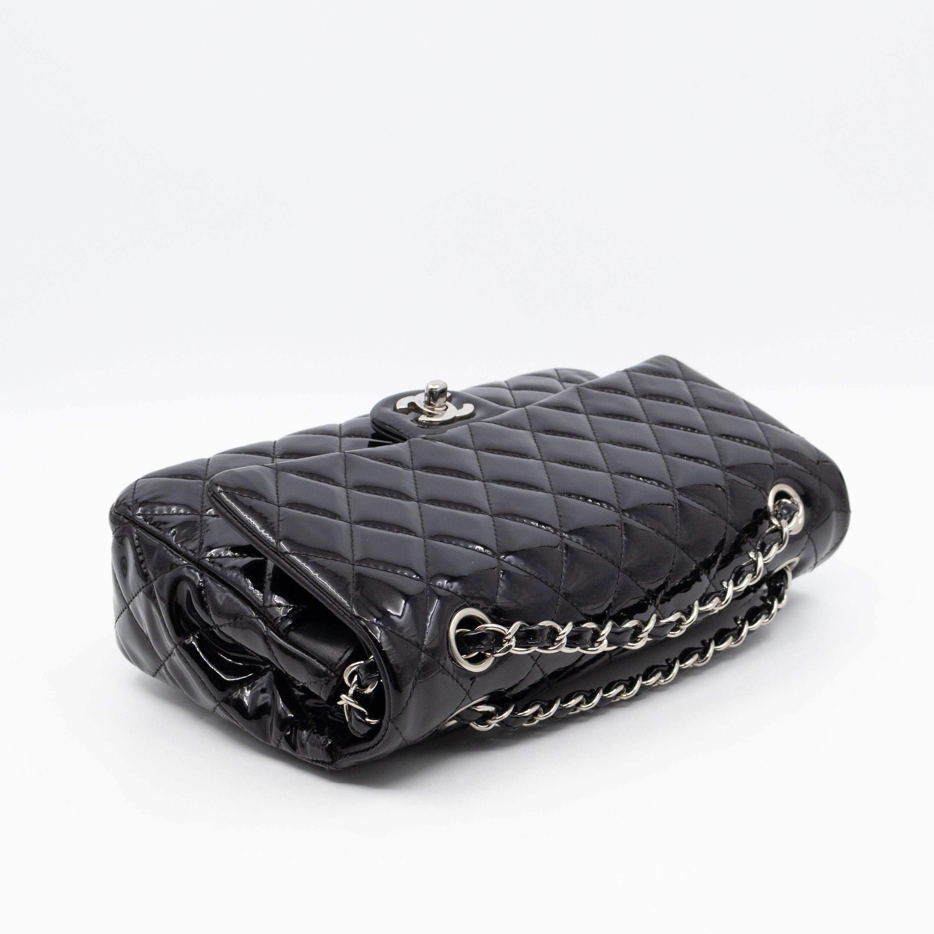 Classic Double Flap Medium Black Patent Leather Silver