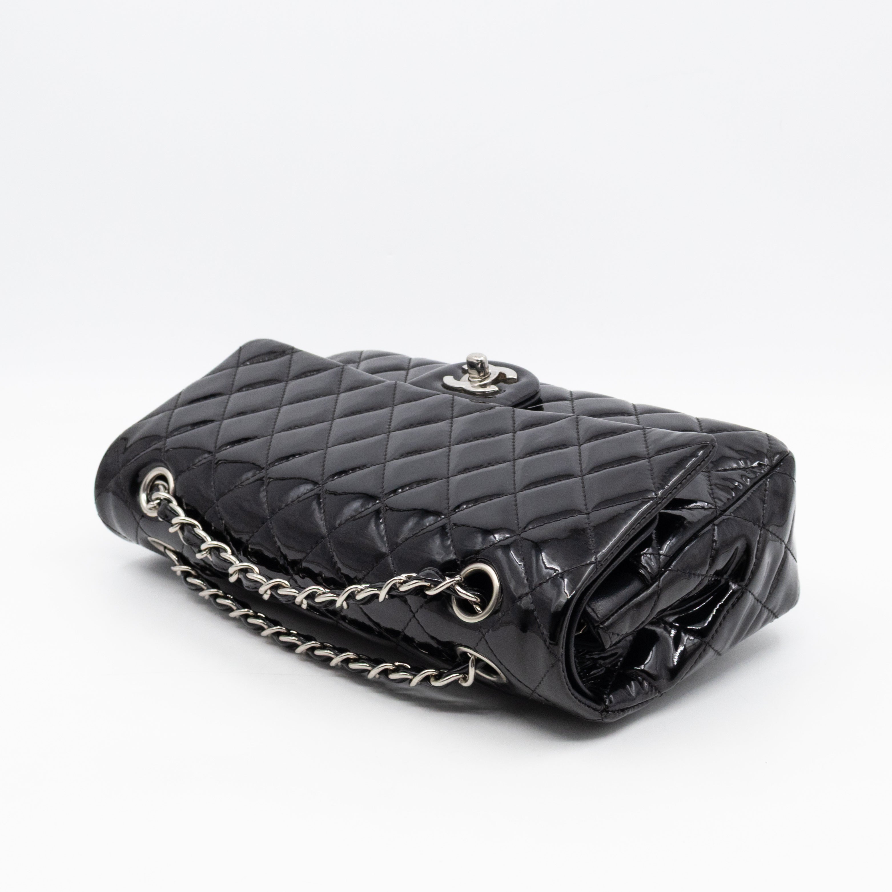 Classic Double Flap Medium Black Patent Leather Silver