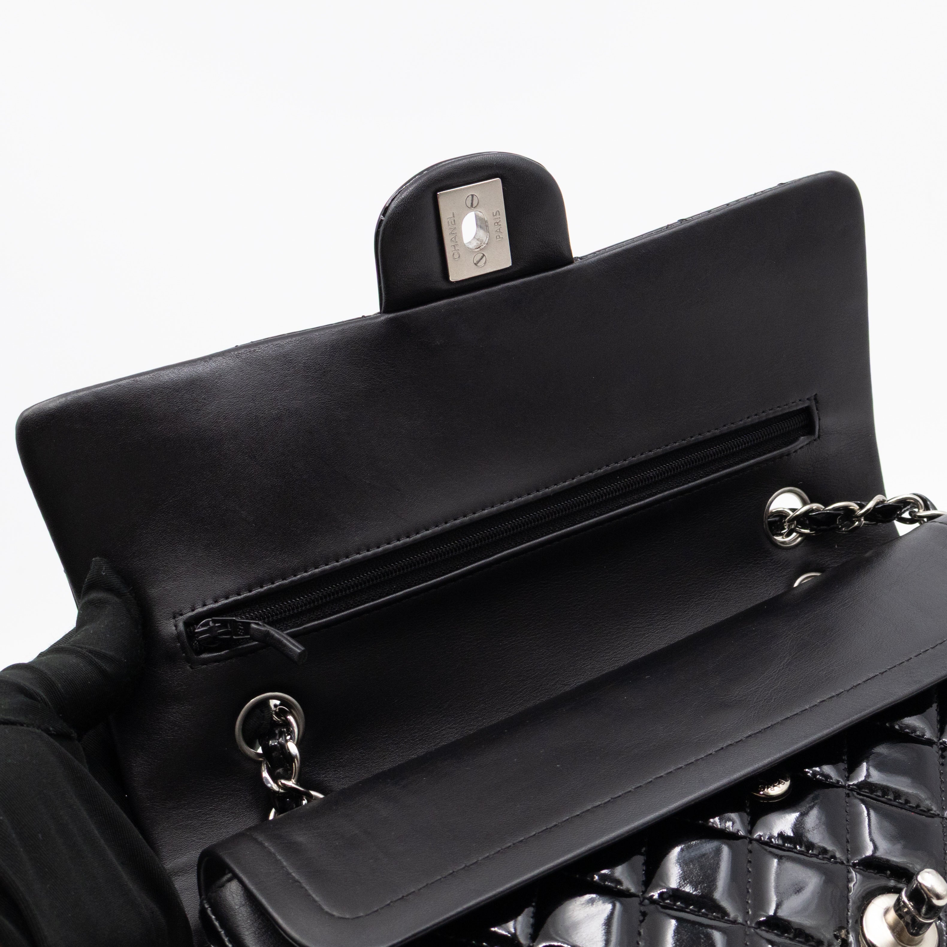 Classic Double Flap Medium Black Patent Leather Silver