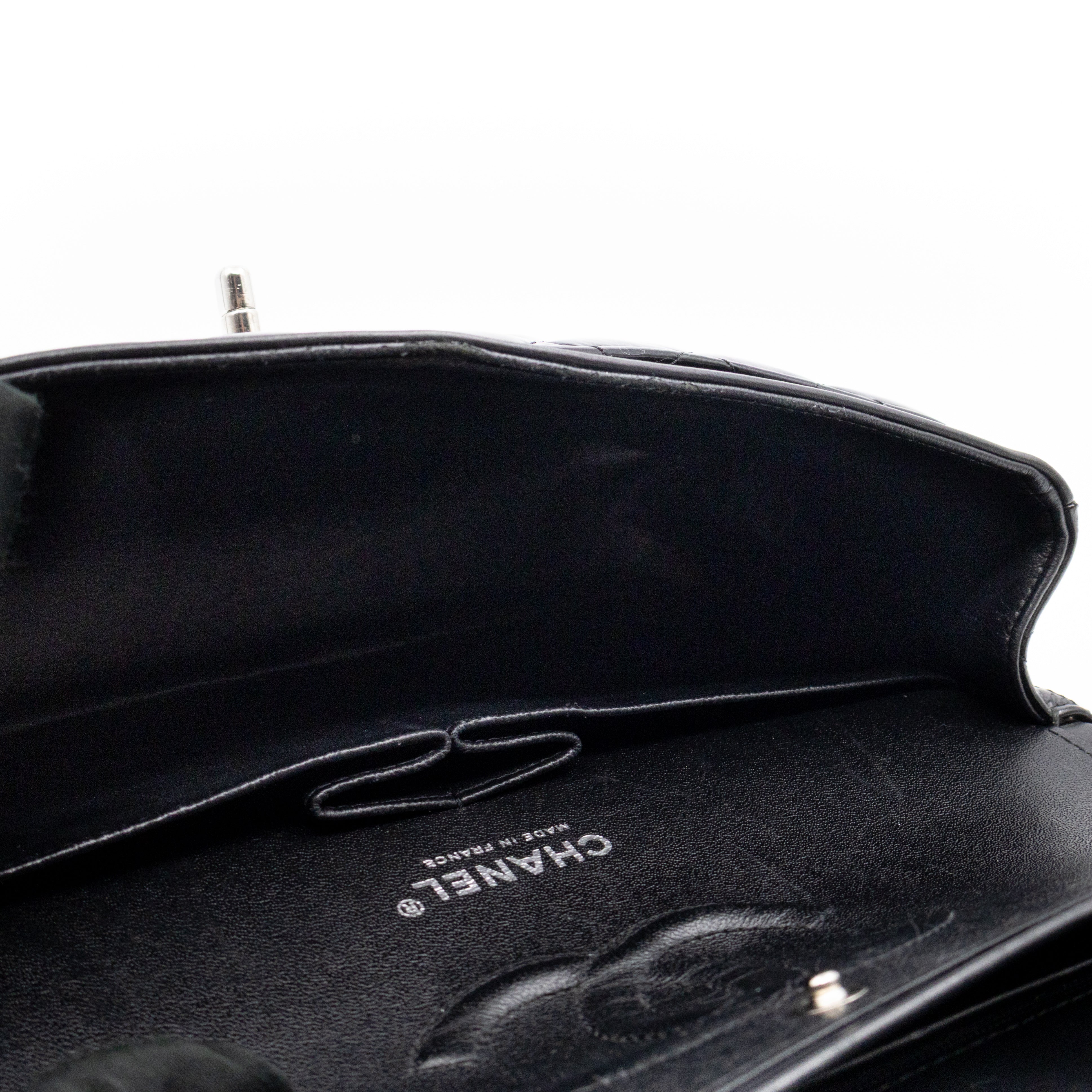 Classic Double Flap Medium Black Patent Leather Silver