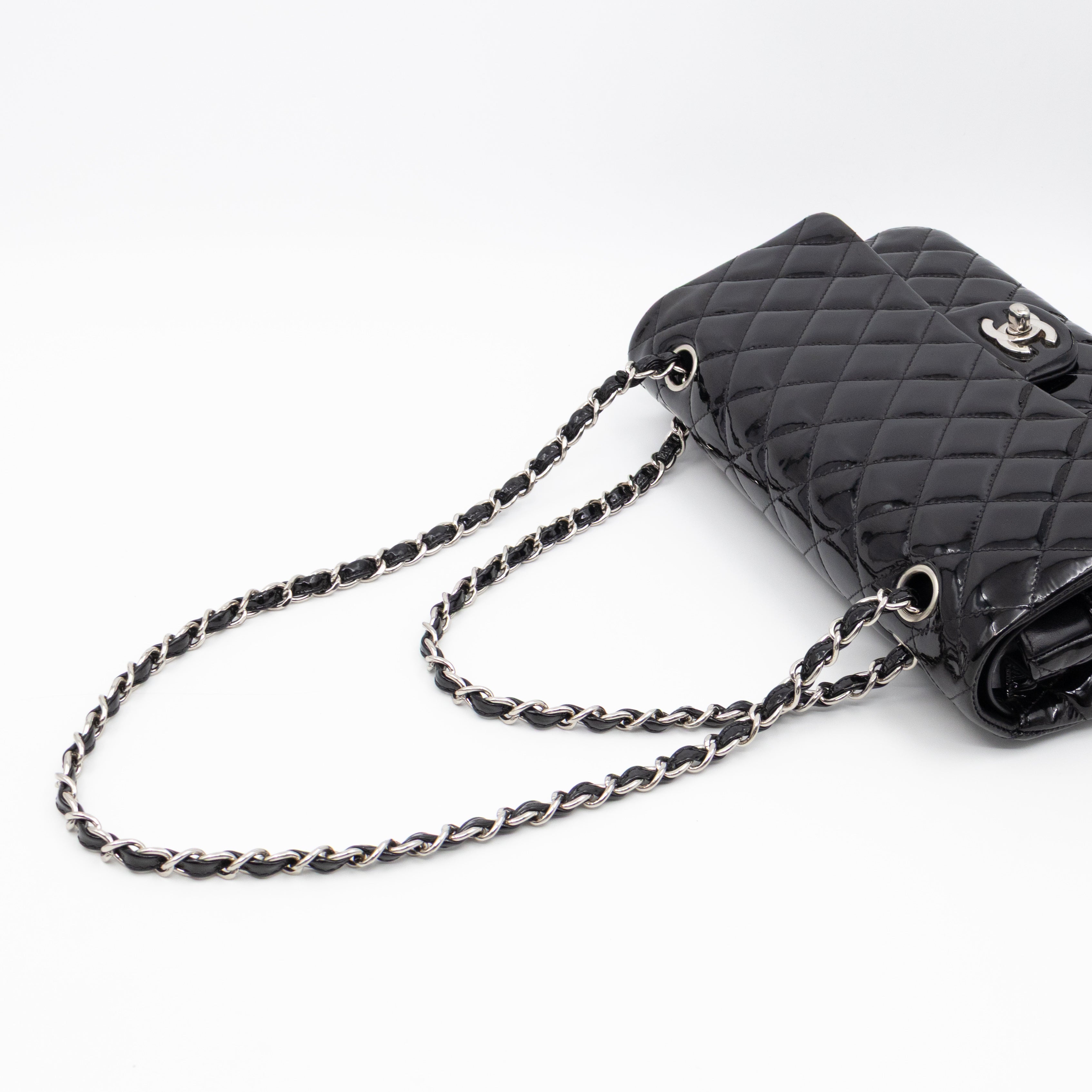 Classic Double Flap Medium Black Patent Leather Silver