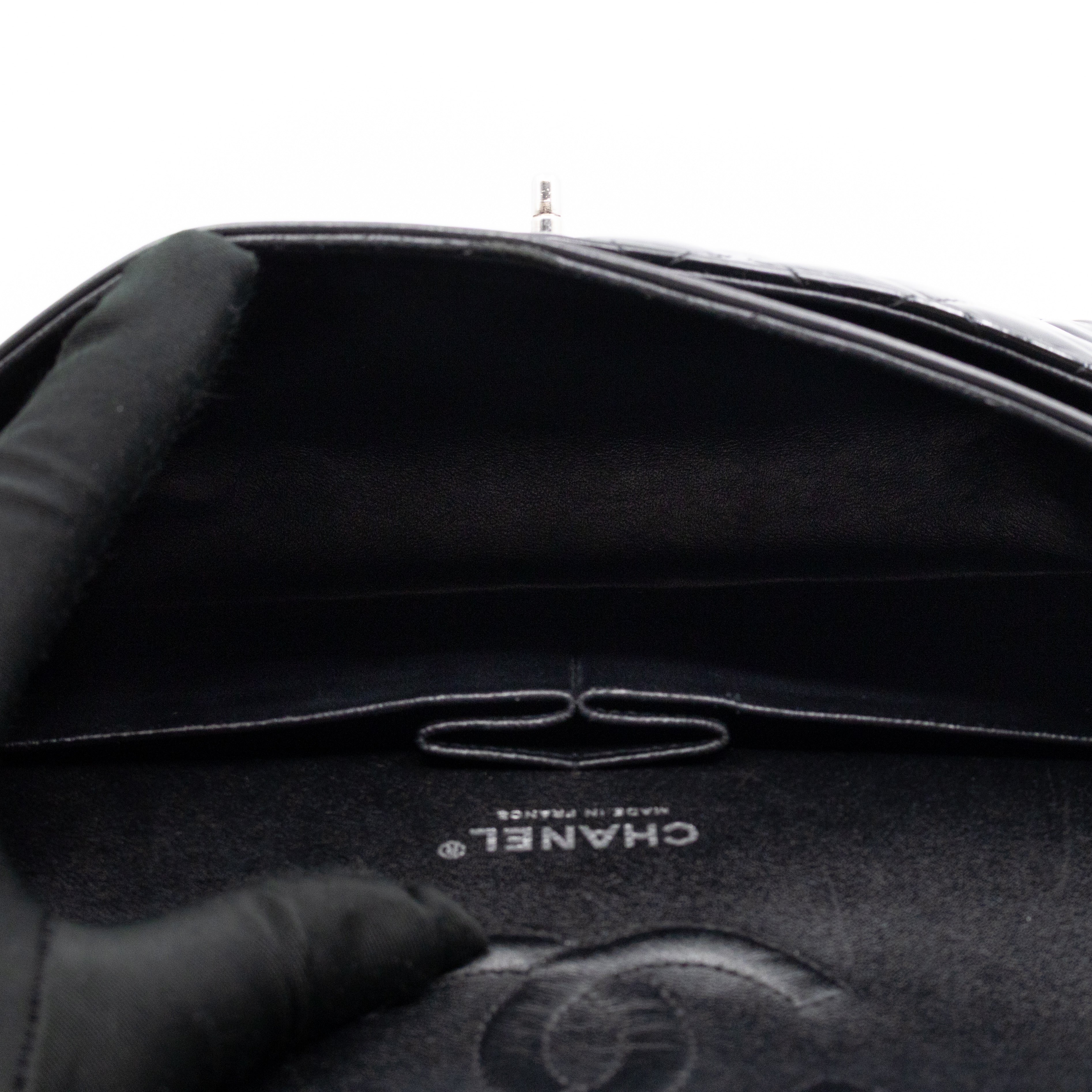 Classic Double Flap Medium Black Patent Leather Silver