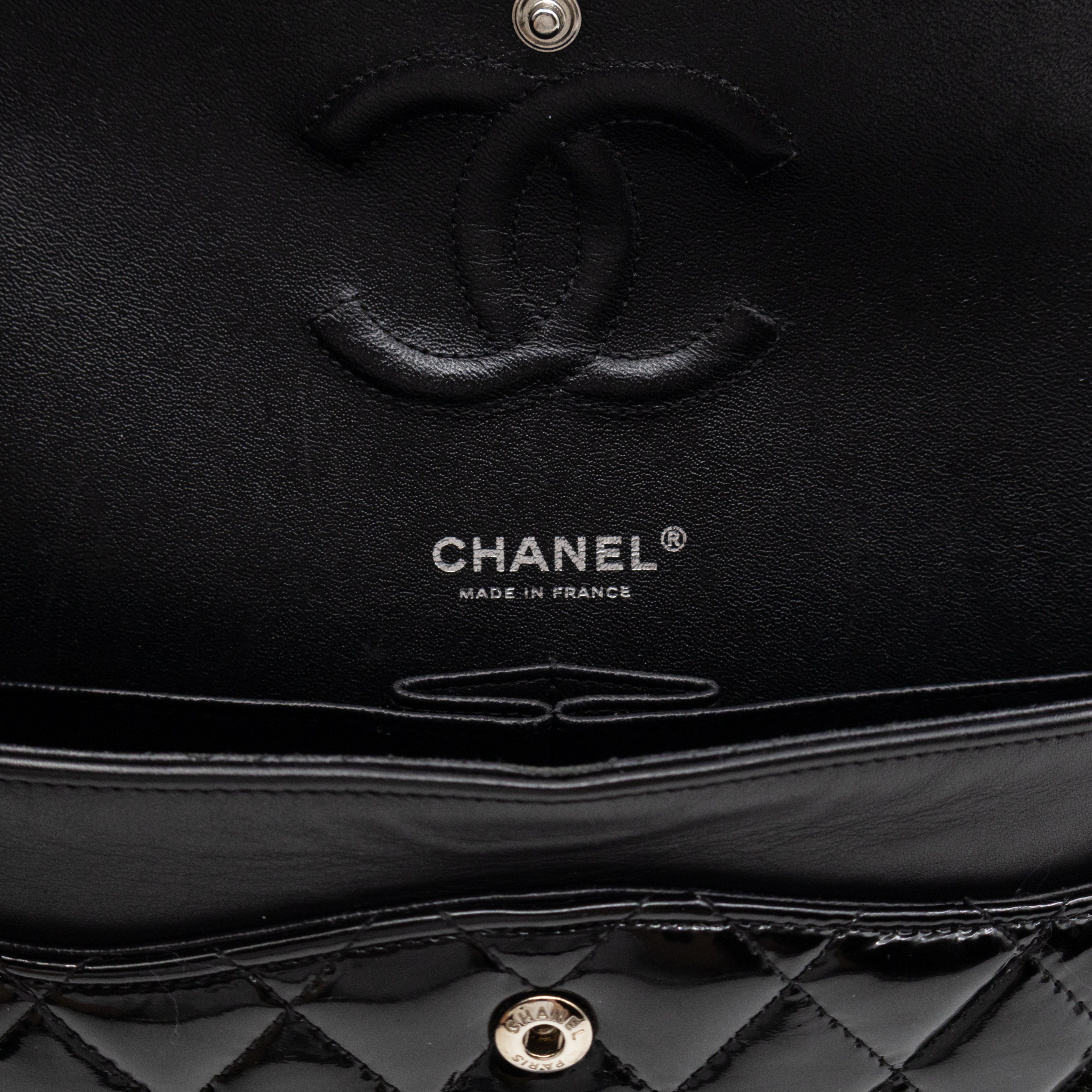 Classic Double Flap Medium Black Patent Leather Silver