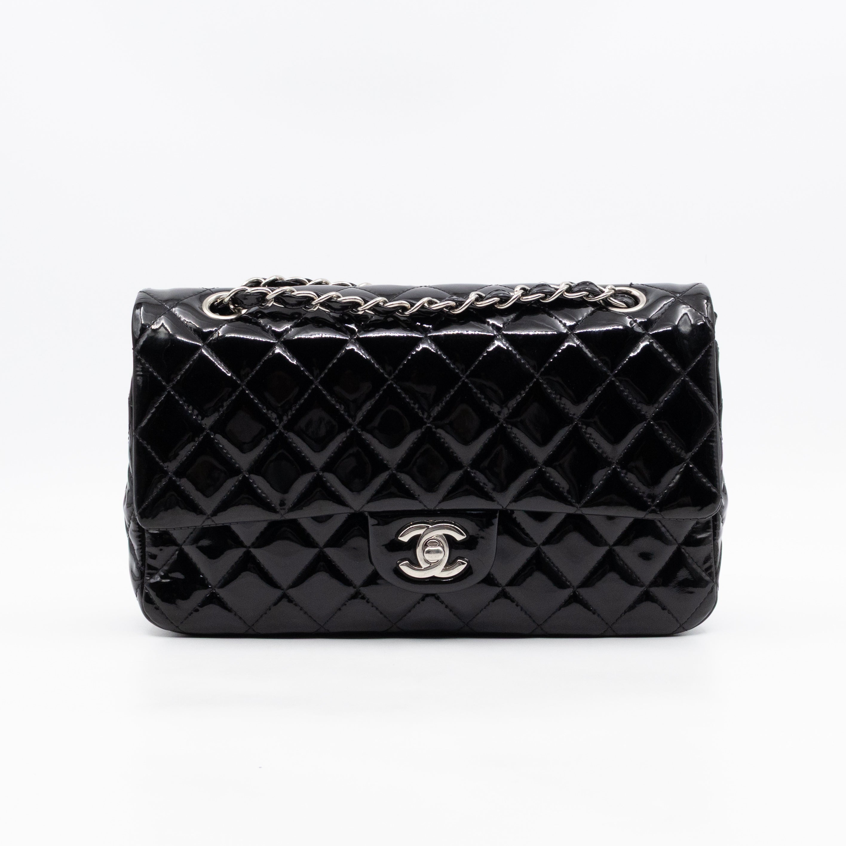 Classic Double Flap Medium Black Patent Leather Silver