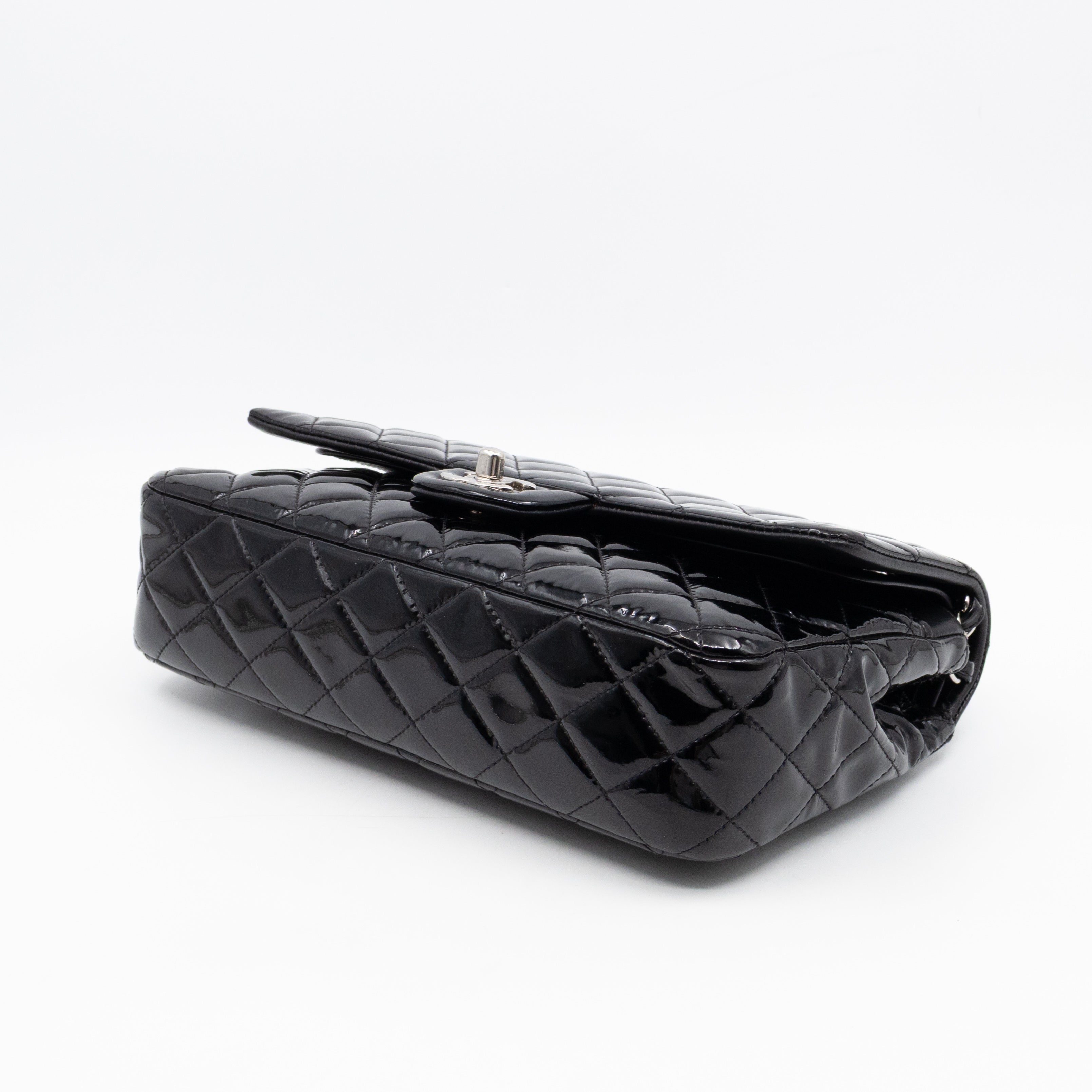 Classic Double Flap Medium Black Patent Leather Silver