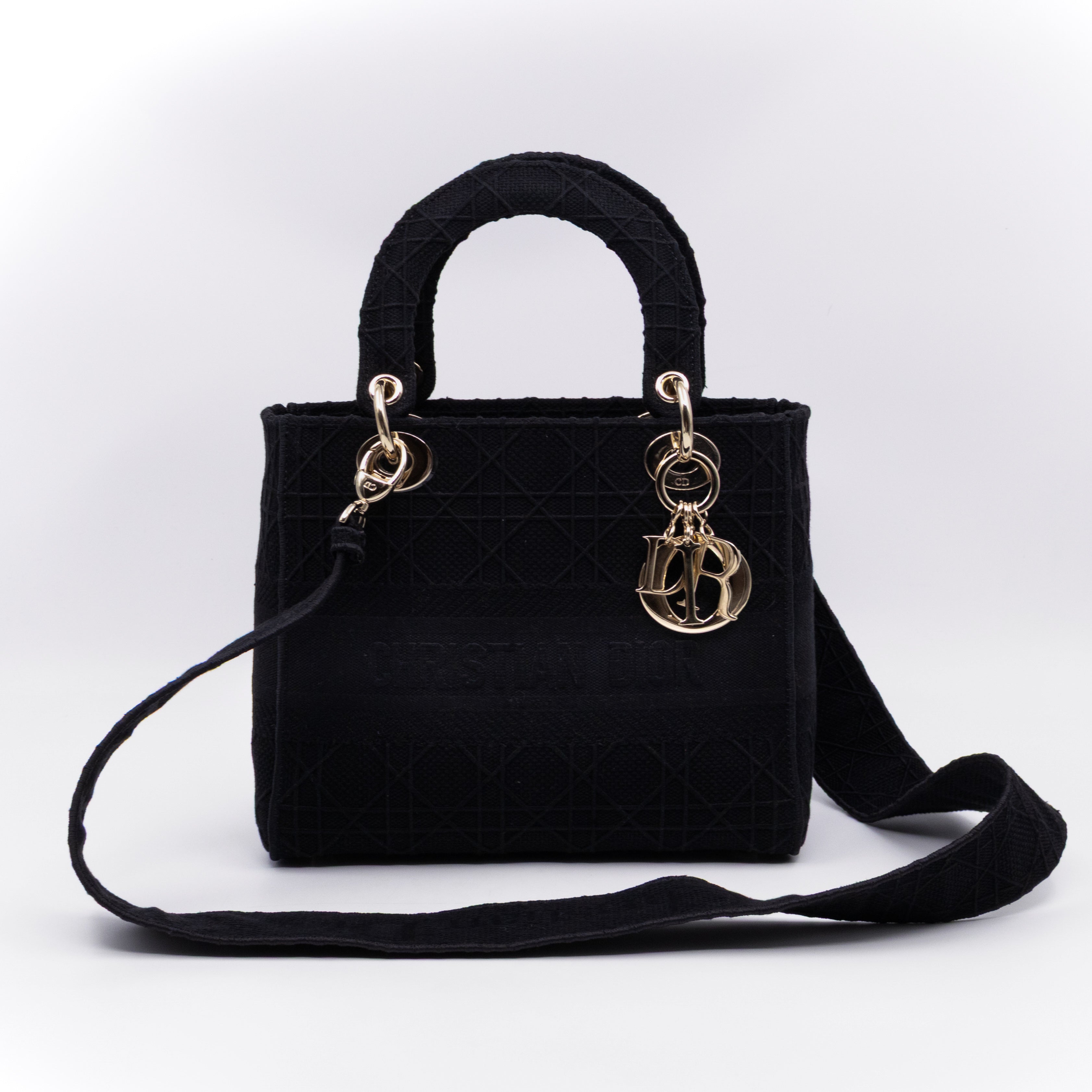 Lady D-Lite Medium Black Canvas Embroidery Cannage