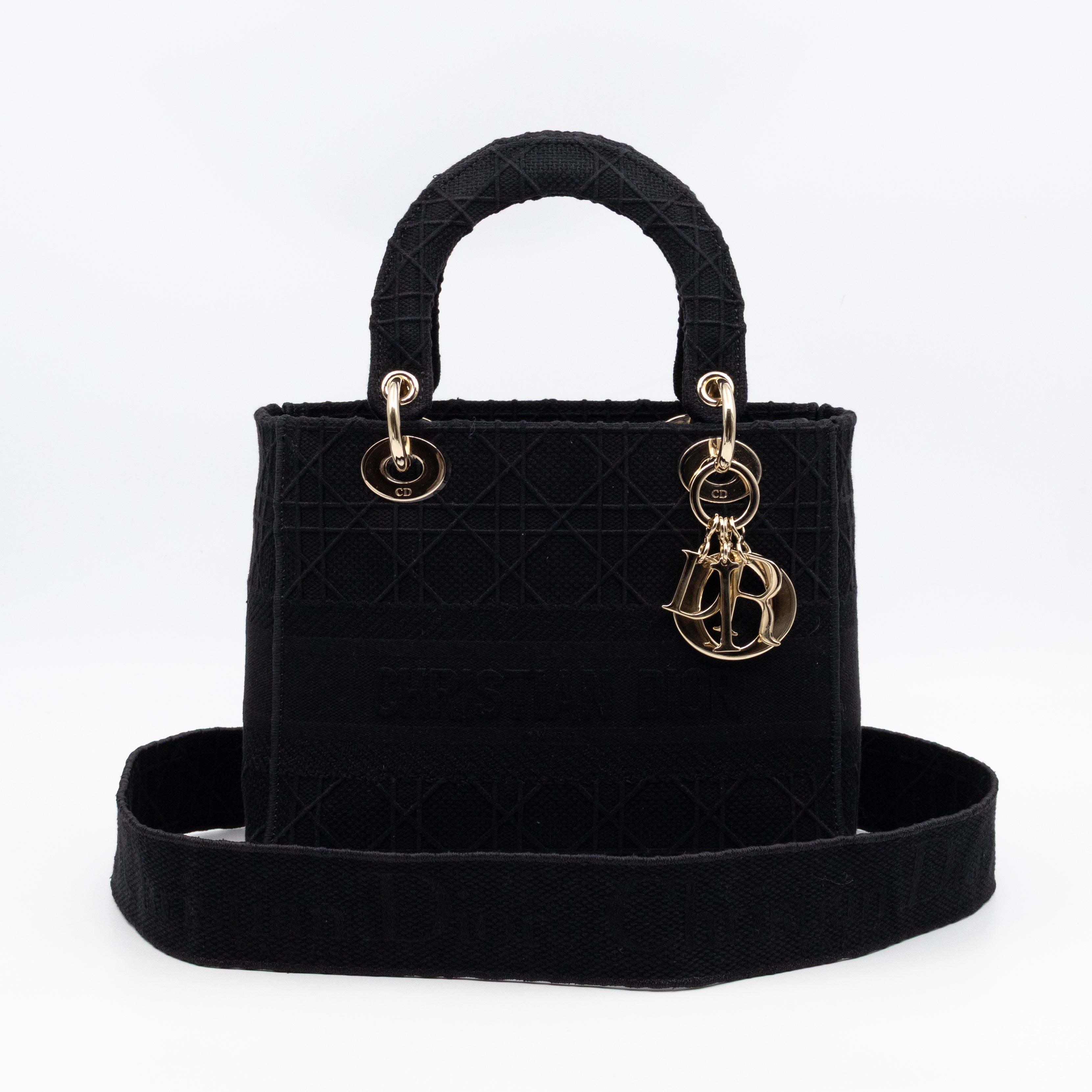 Lady D-Lite Medium Black Canvas Embroidery Cannage