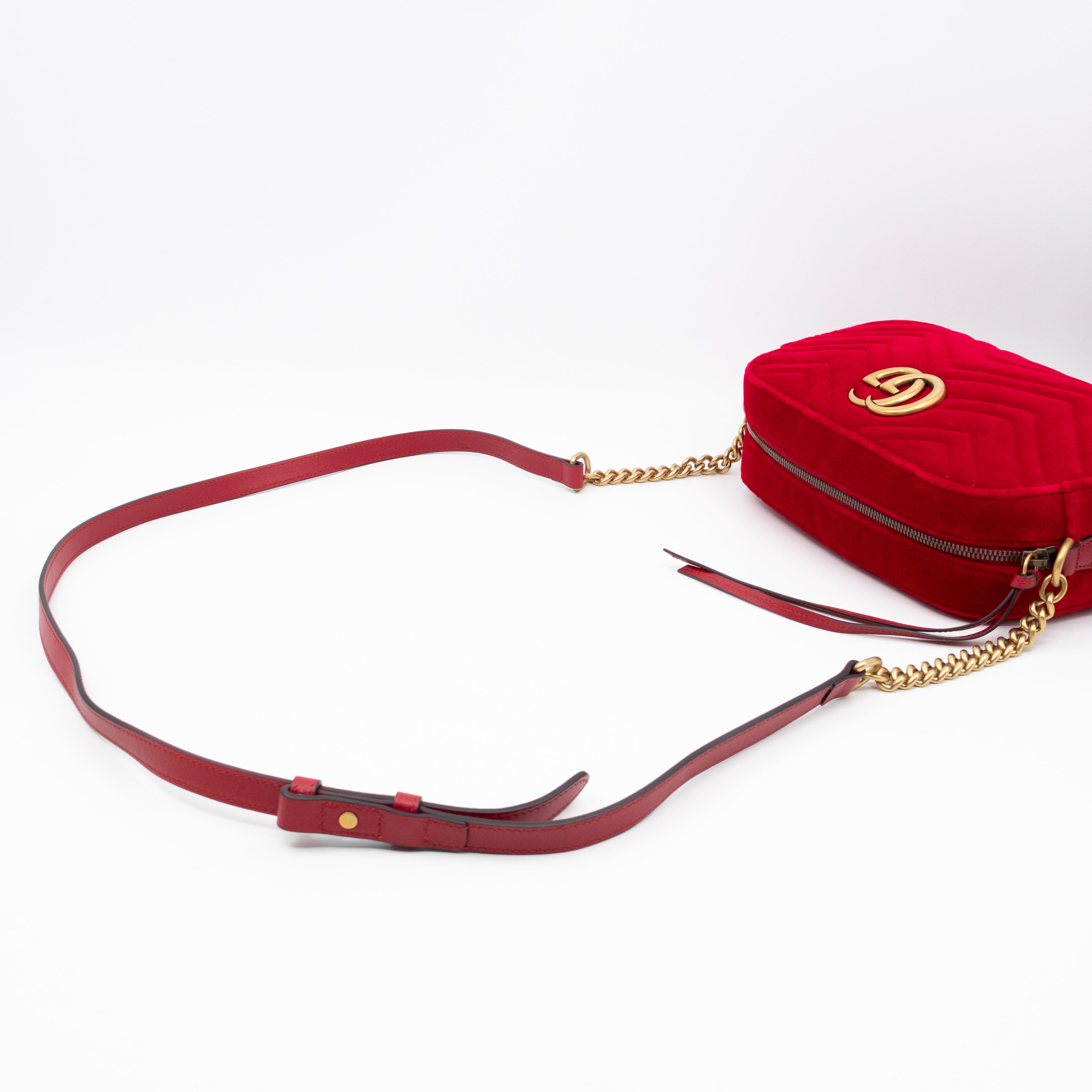 GG Marmont Small Camera Bag Red Velvet Aged Gold