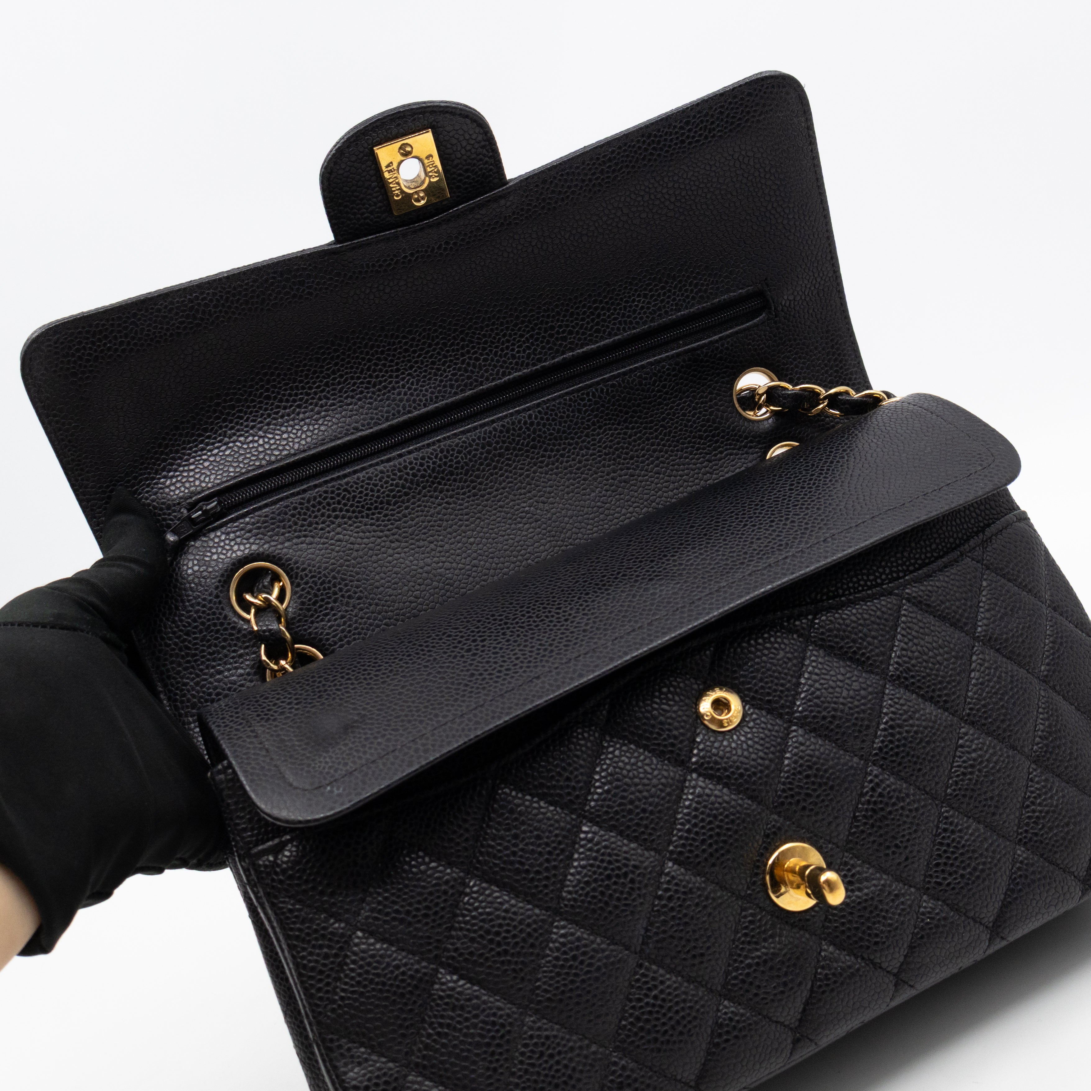 Classic Double Flap Medium Black Caviar Leather Gold
