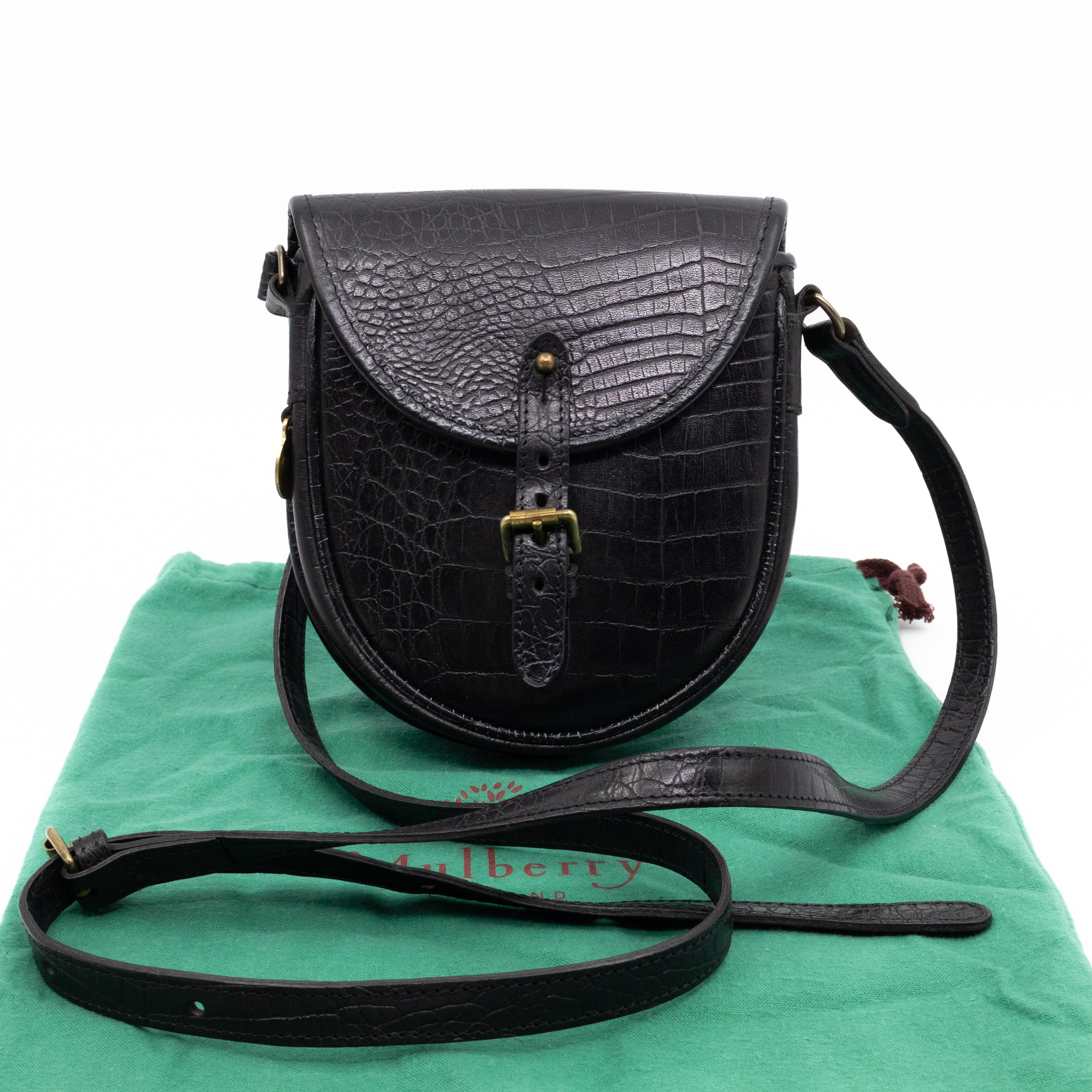 Vintage Crossbody Bag Black Croc Embossed Leather