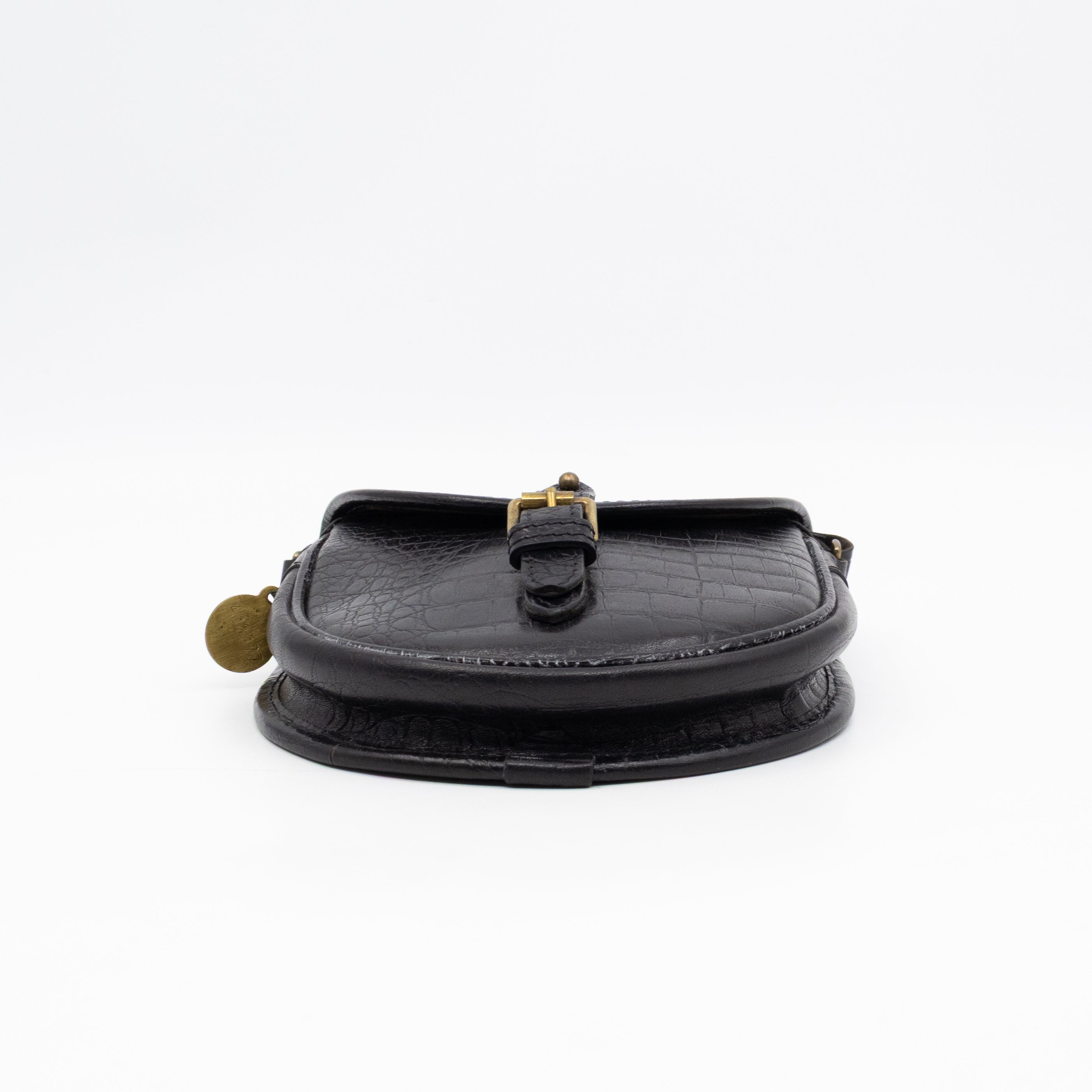 Vintage Crossbody Bag Black Croc Embossed Leather